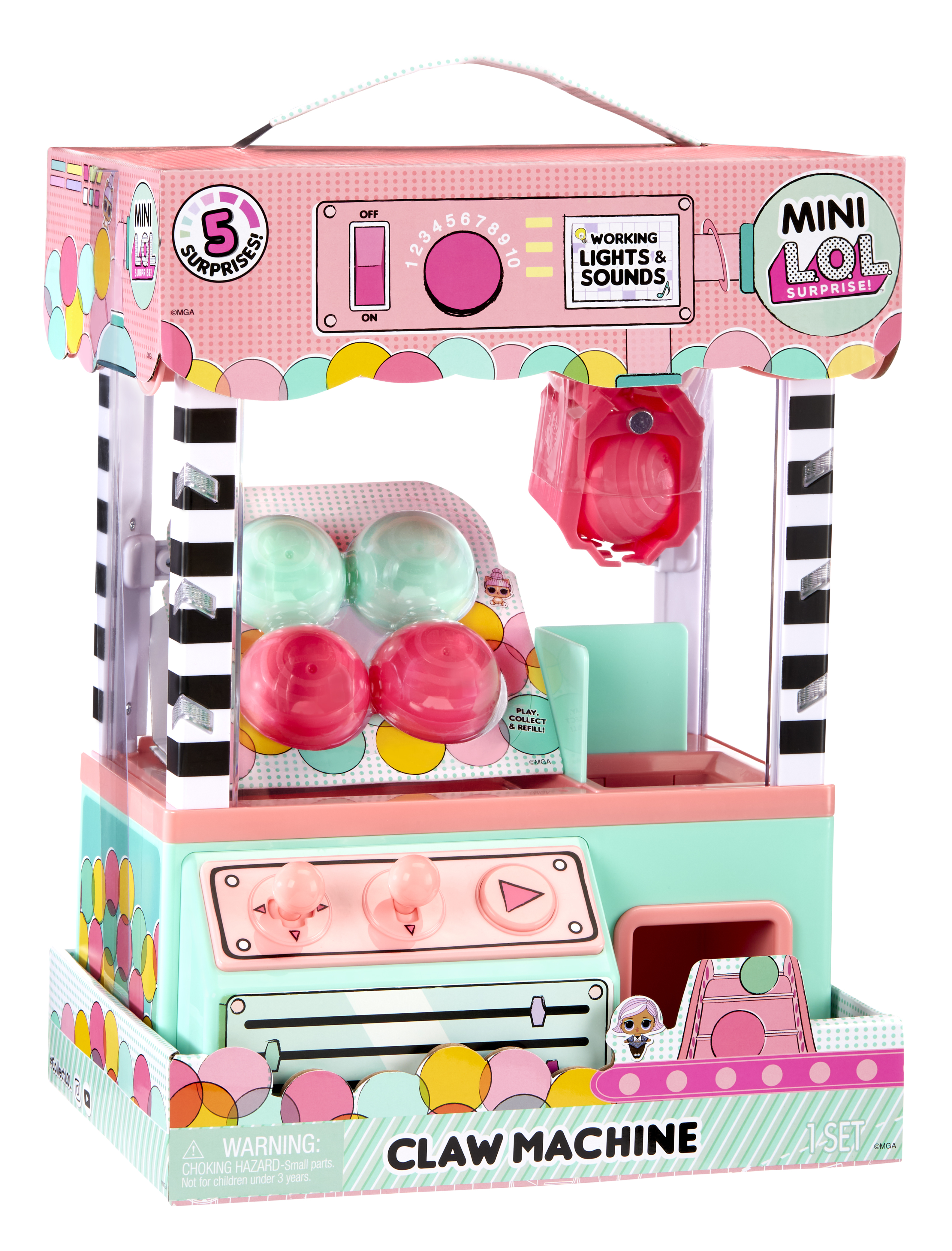 Maszyna z pazurami w kolorach różowym, niebieskim i białym. W środku kilka kolorowych kulek.