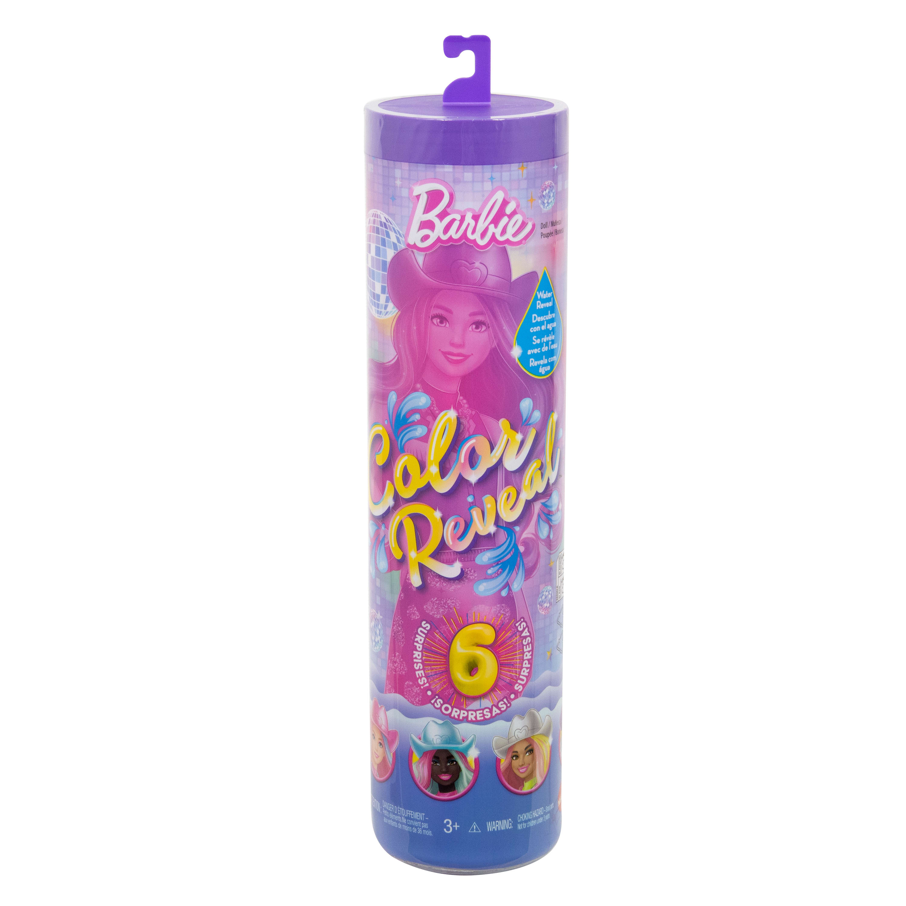 Tubo Barbie Color Reveal con una muñeca de pelo rosa en el empaque, con seis sorpresas.