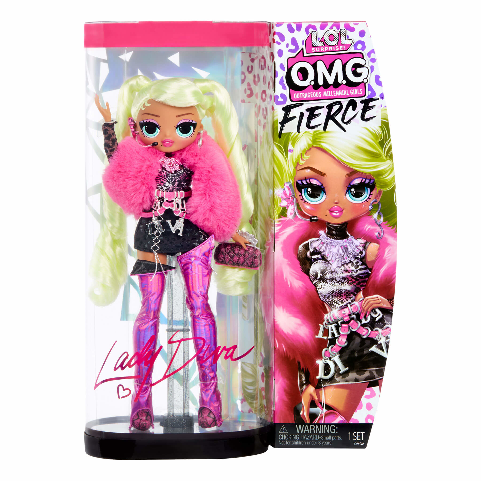 Blond lalka w różowej kurtce z futra, różowych butach i czarnej sukience, w przezroczystym pojemniku.