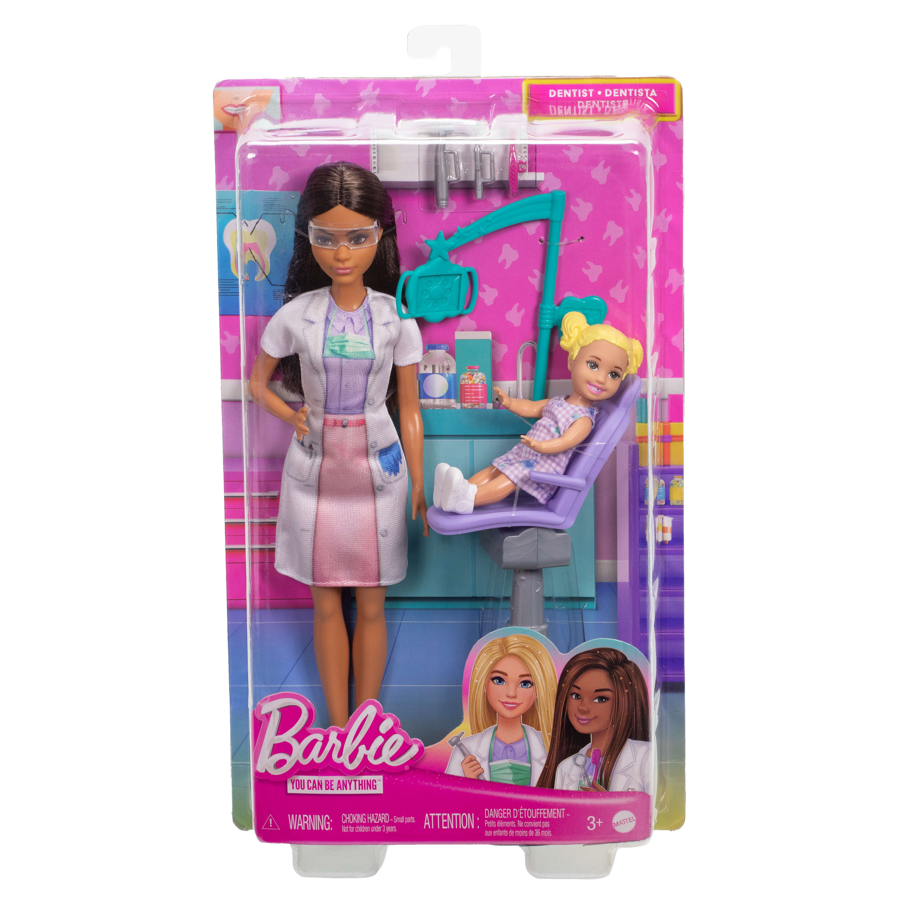 Barbie als Zahnärztin mit Patientin, in einer Verpackung mit Grafiken.