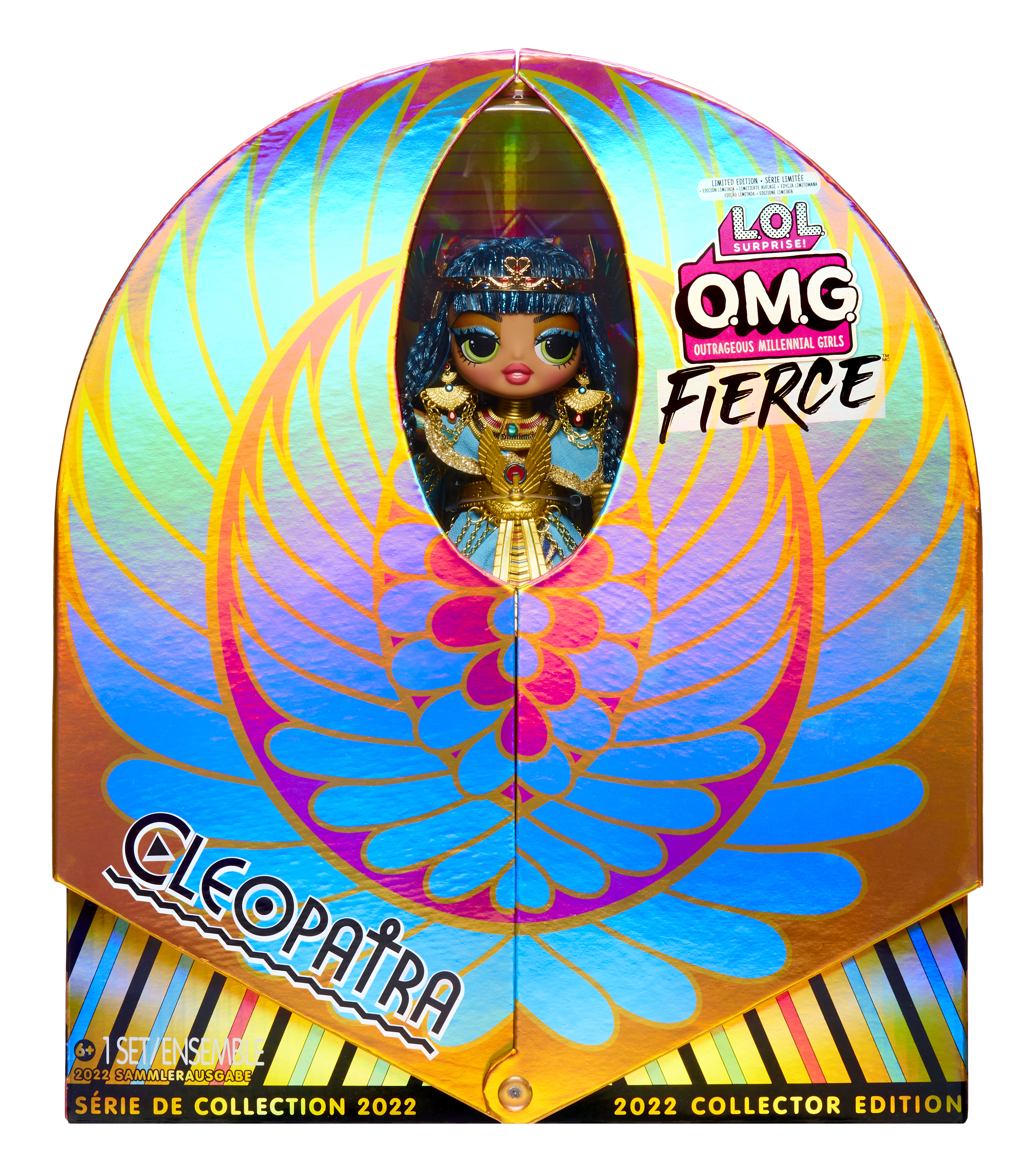 Pudełko z lalką LOL OMG Fierce Kleopatra, z lalką Kleopatrą w niebieskim i złotym stroju. Edycja kolekcjonerska 2022.