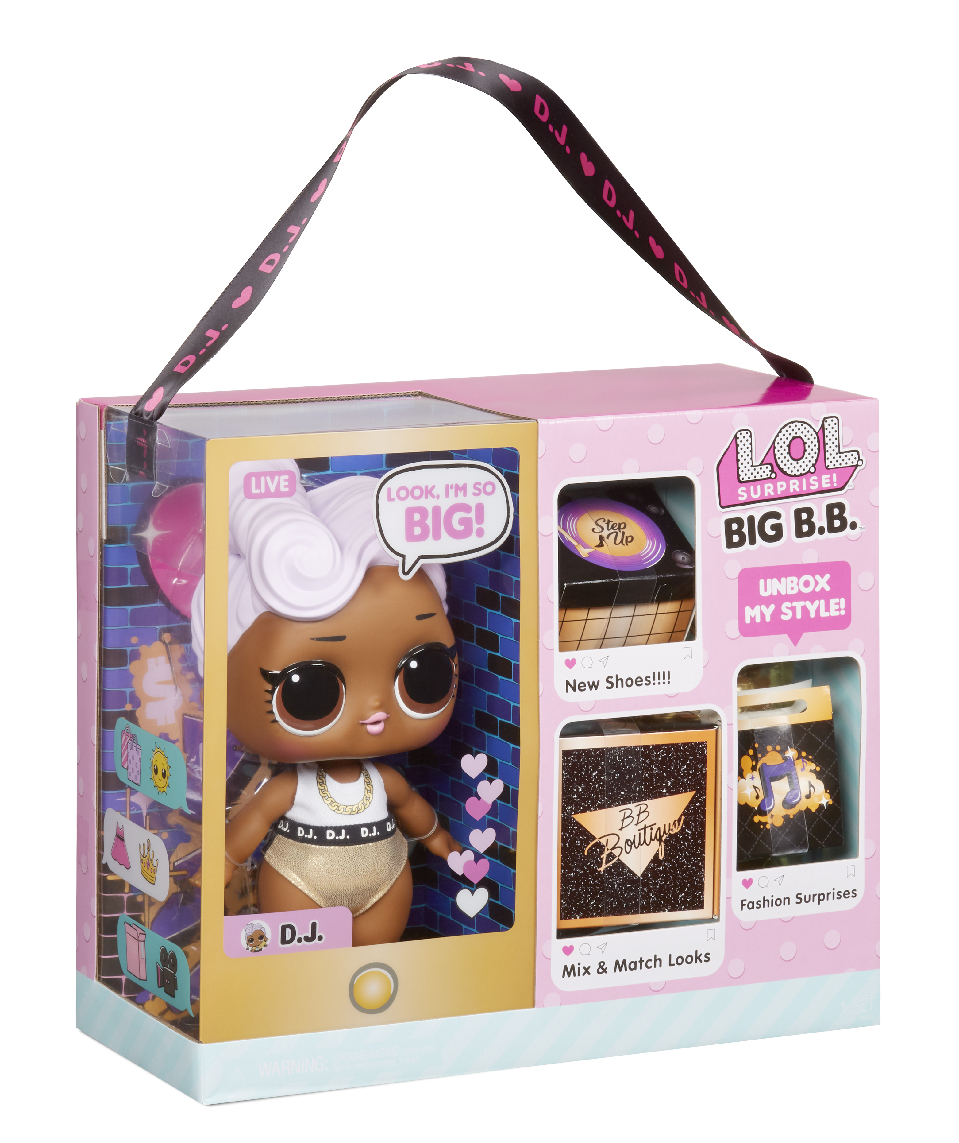 Eine Puppe in einer Box mit der Aufschrift 'LOL Surprise BIG B.B.' mit Zubehör, das darin angezeigt wird.
