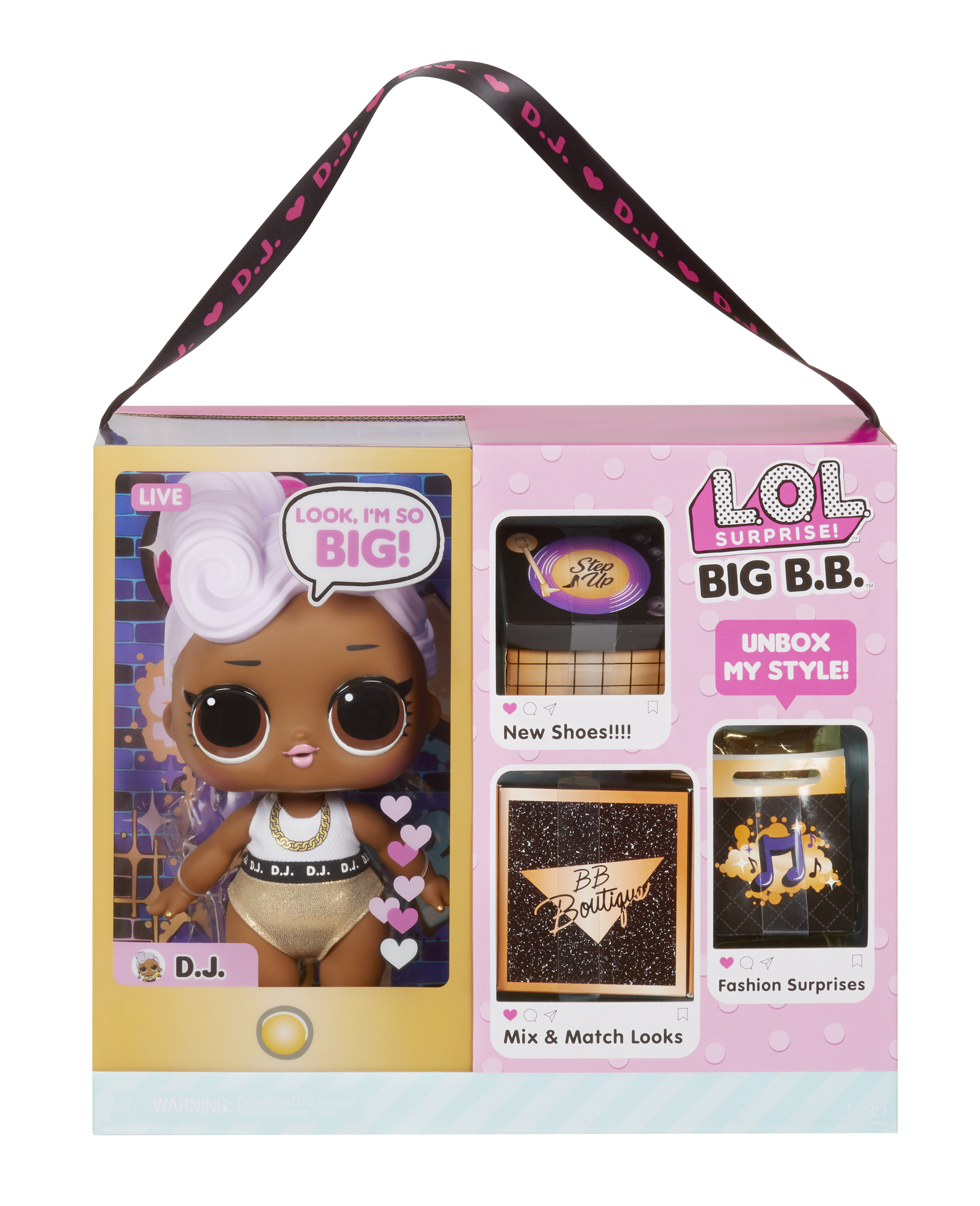 Die gleiche Puppe in einer Box mit der Aufschrift 'LOL Surprise BIG B.B.' mit Zubehör, das darin angezeigt wird.