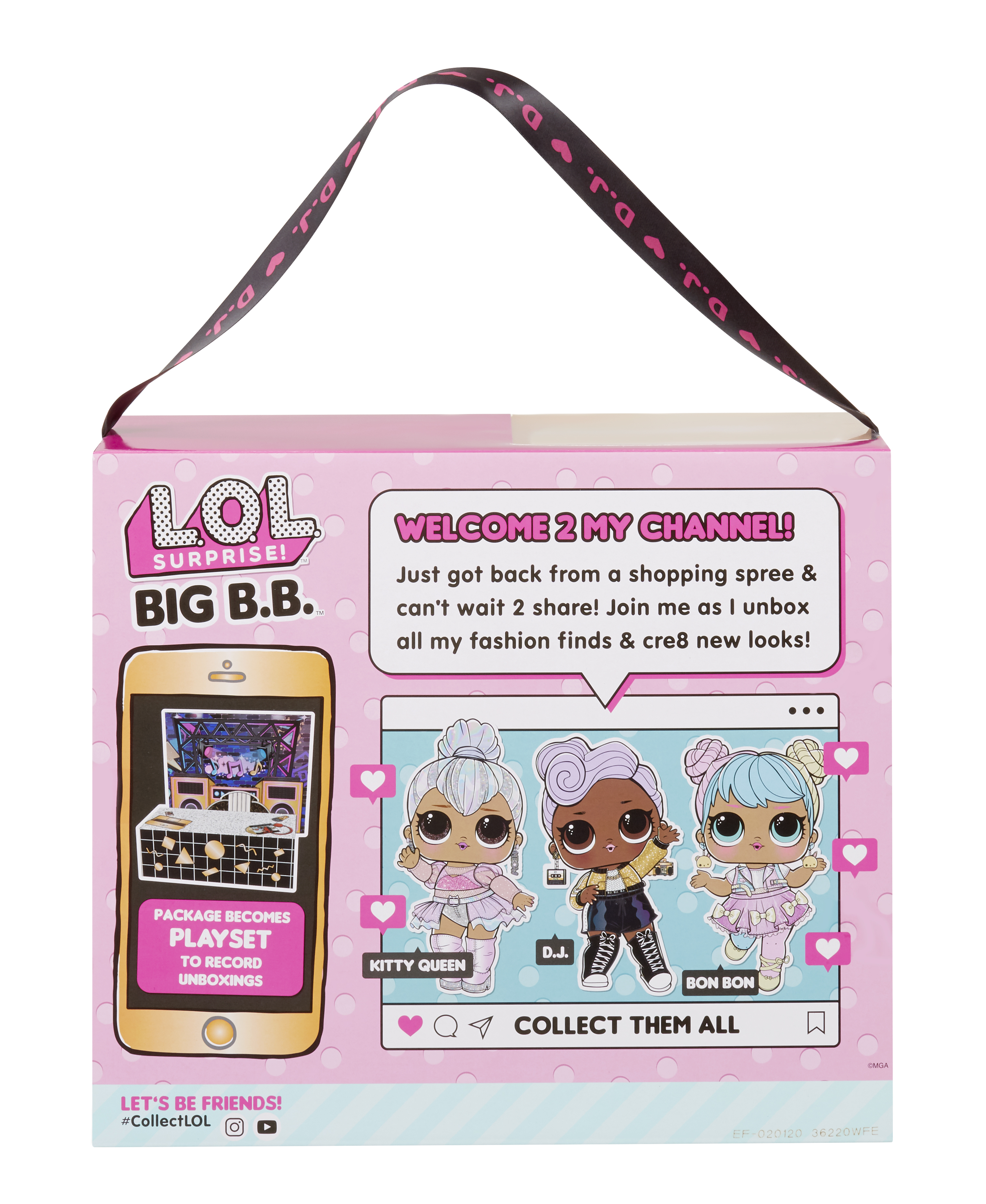 LOL Surprise Big B.B. Box-Rückseite mit Puppen, Text und Social-Media-Symbolen. Text sagt 'Welcome 2 My Channel!'