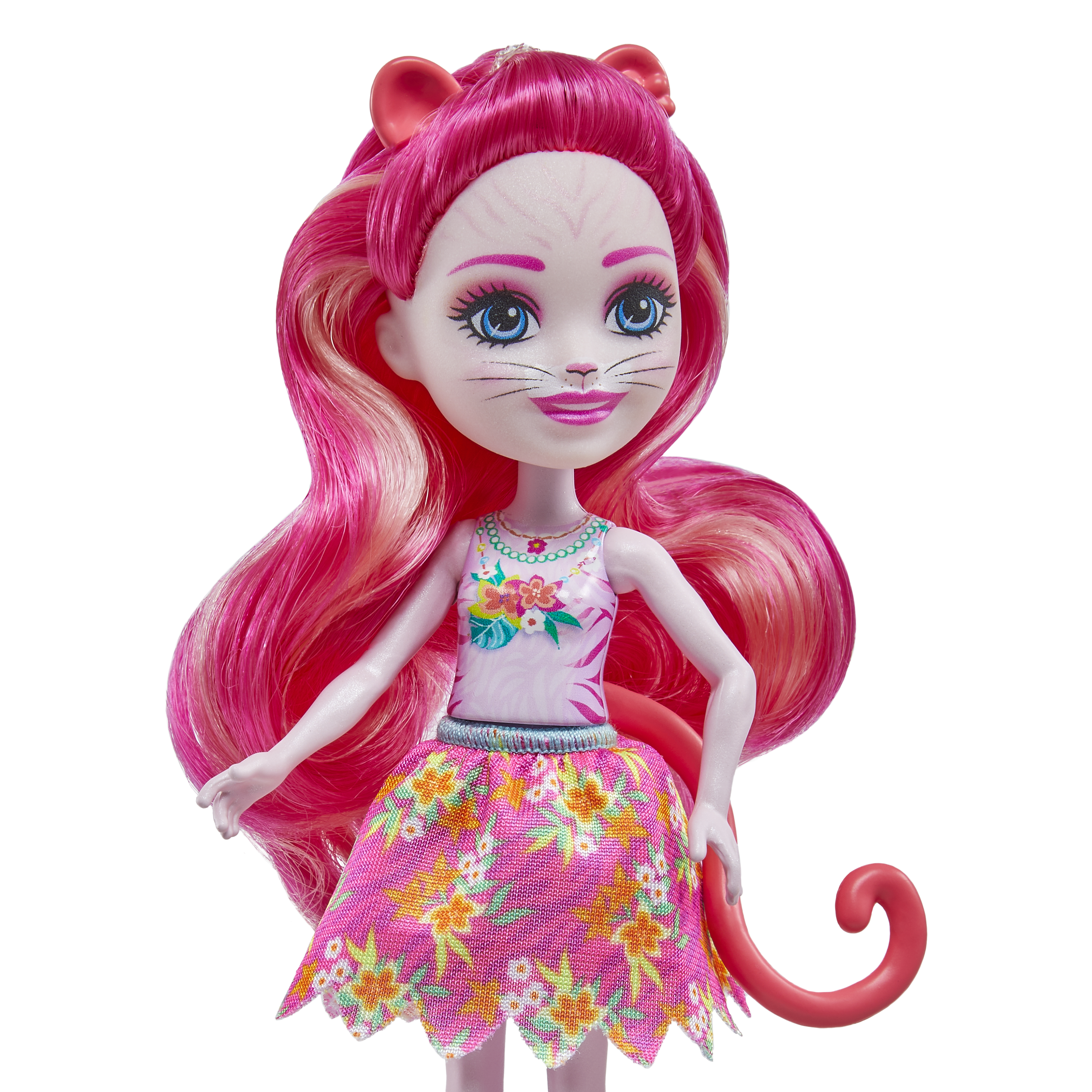 Puppe mit rosa Haaren, Katzenohren, Gesichtsmarkierungen und geblümtem Rock. Rosafarbener Schwanz.