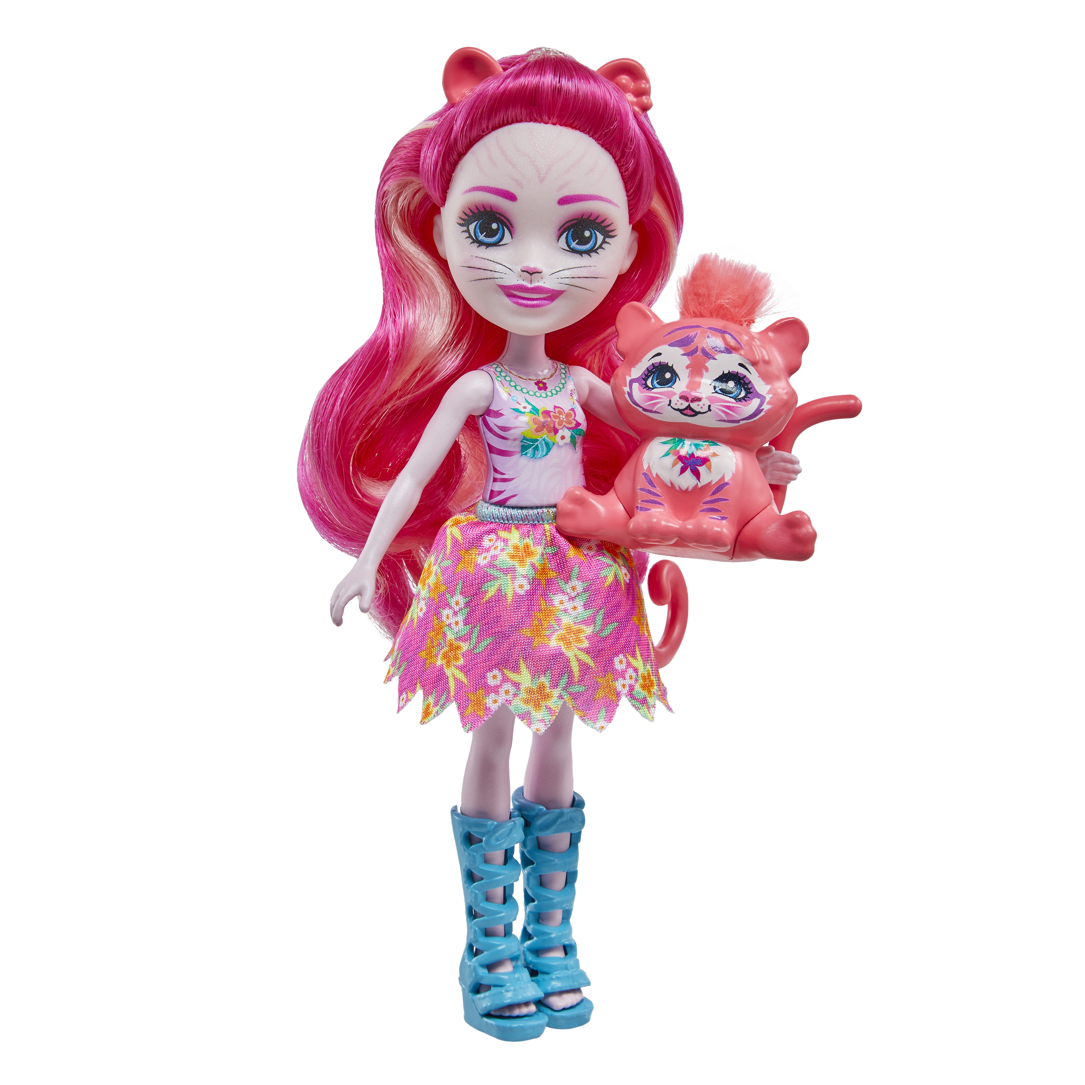 Eine Puppe mit rosa Haaren und katzenartigen Merkmalen, die ein kleines rosa Tiger-Spielzeug hält.