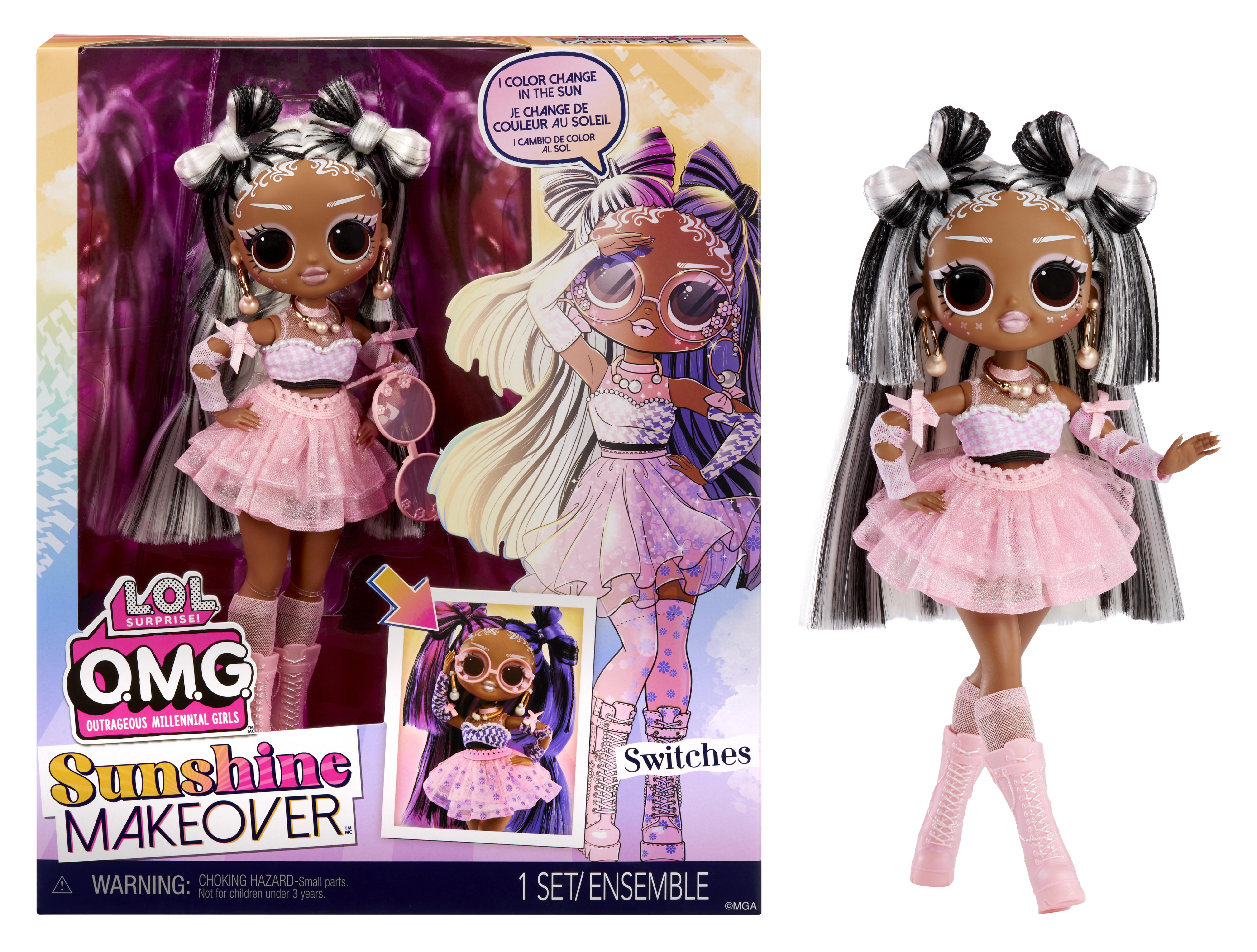 Lalka w pudełku. Blondynka z różem i bielą. Tekst: Zmiana koloru na słońcu. Białe tło.