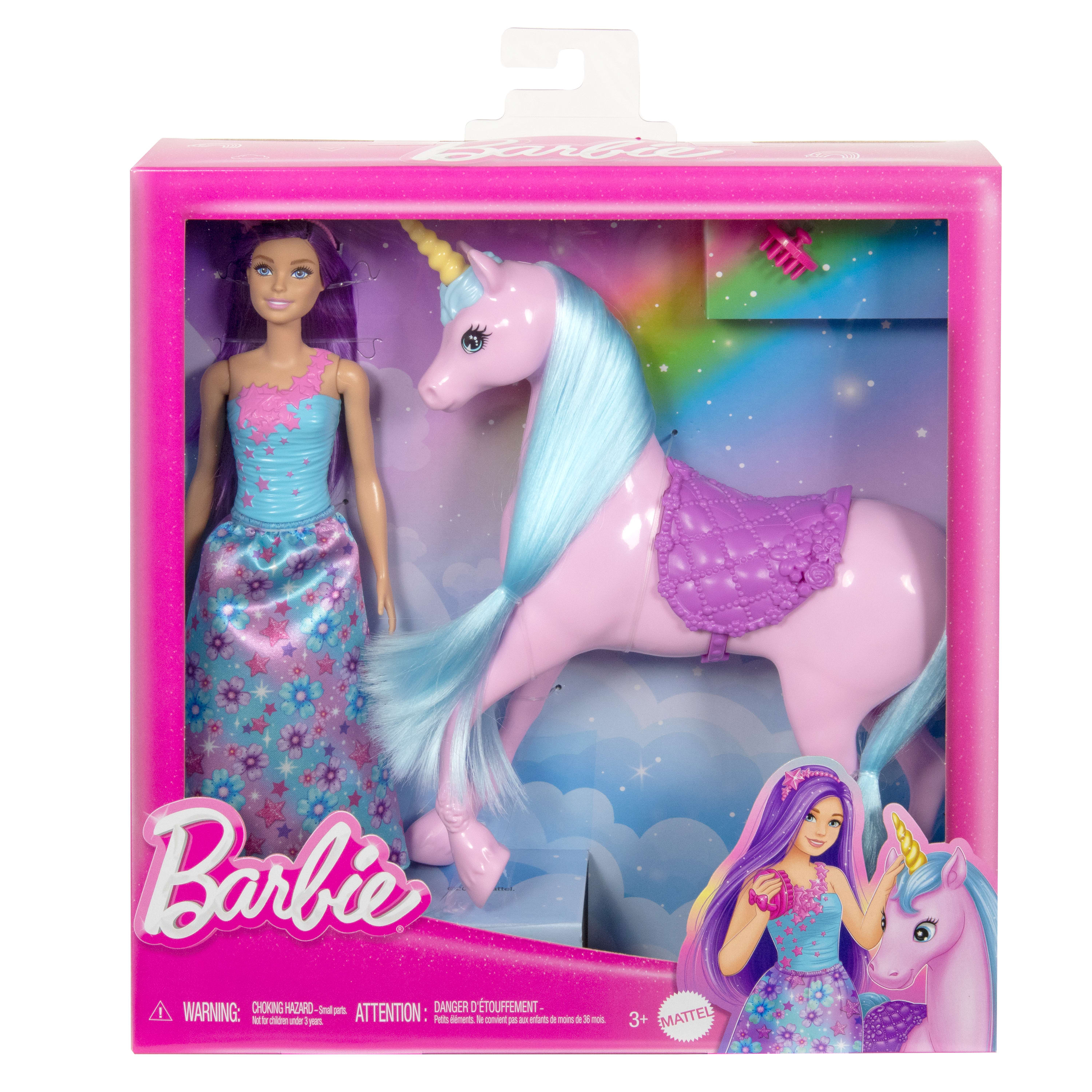 Set de Barbie: muñeca con pelo morado y unicornio de juguete en una caja.