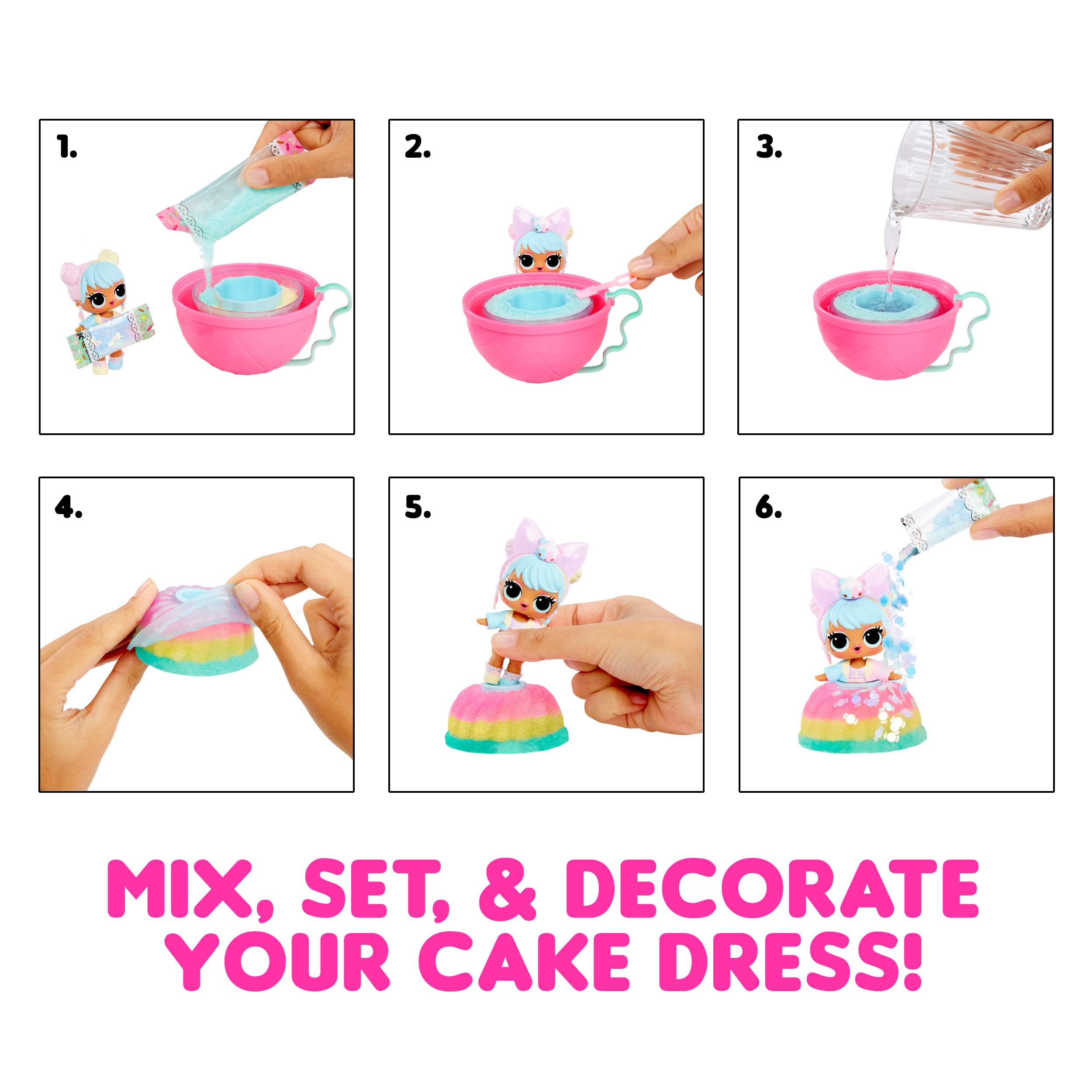 Istruzioni passo-passo per mescolare, impostare e decorare l'abito a torta di una bambola con vari materiali.