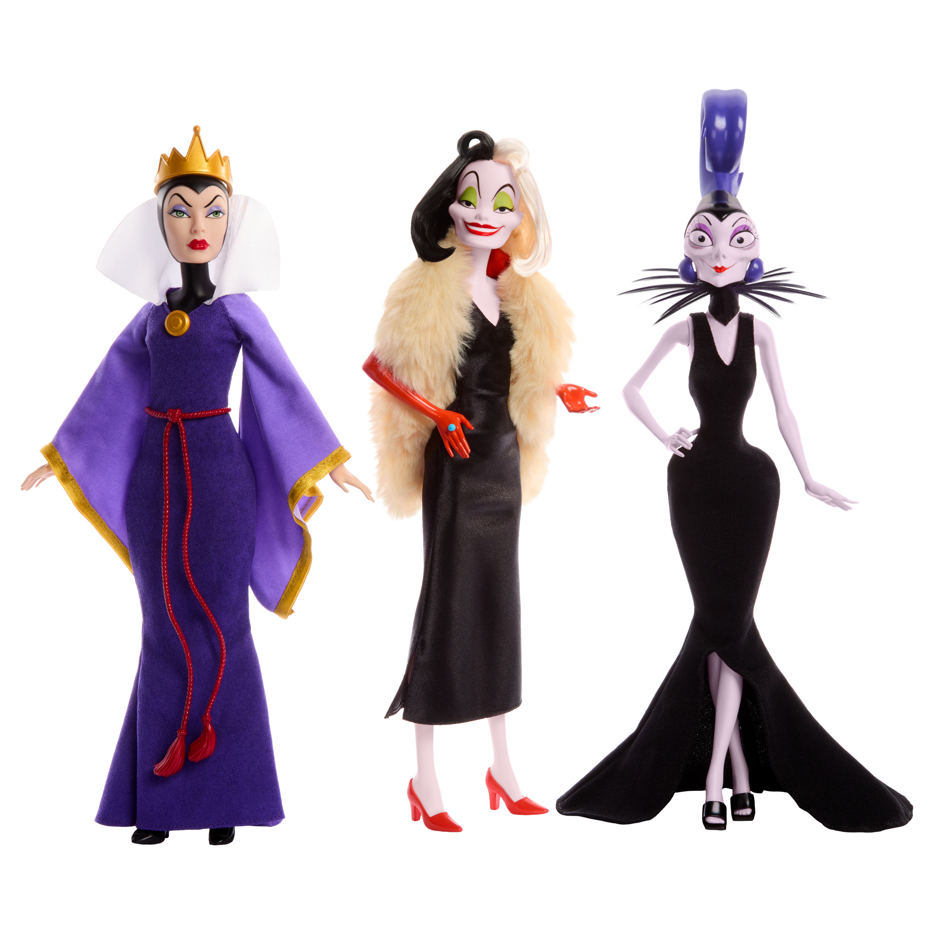 Trzy lalki z czarnymi charakterami Disneya: Zła Królowa, Cruella i Yzma.