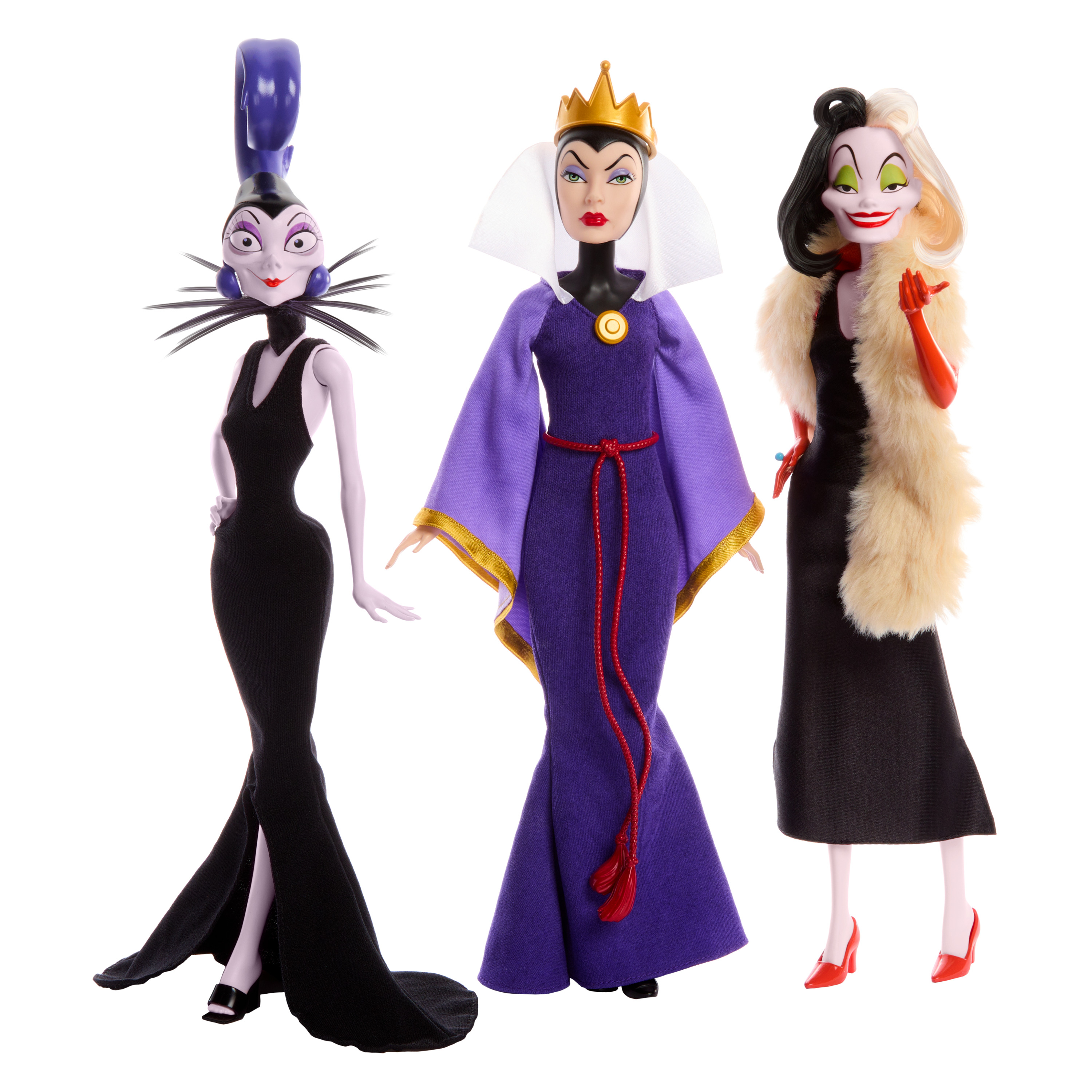 Trzy lalki z czarnymi charakterami Disneya: Cruella, Zła Królowa i Yzma.