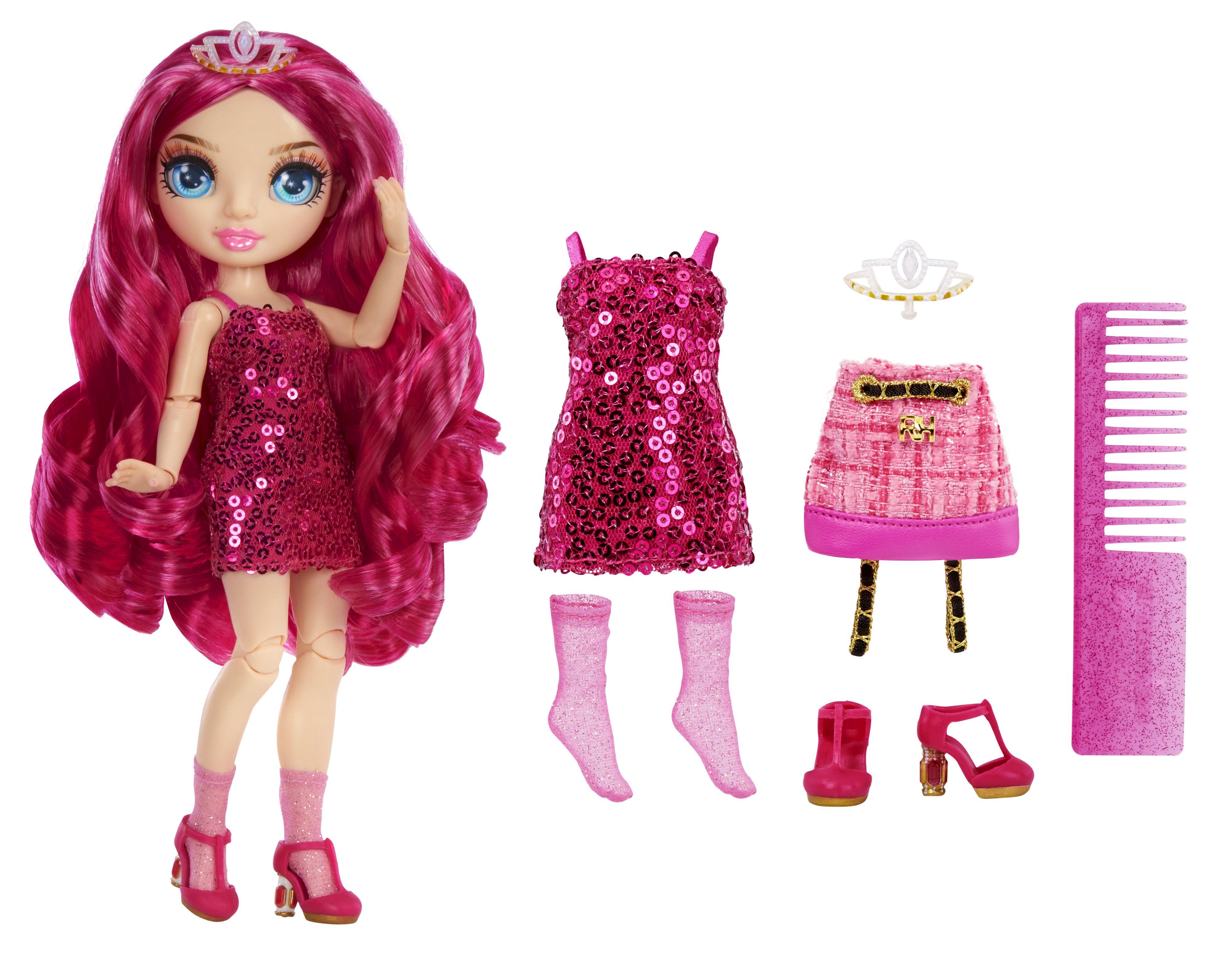 Lalka z różowymi włosami i kilkoma elementami stroju: różowa sukienka, skarpetki, buty, spódnica i tiara.