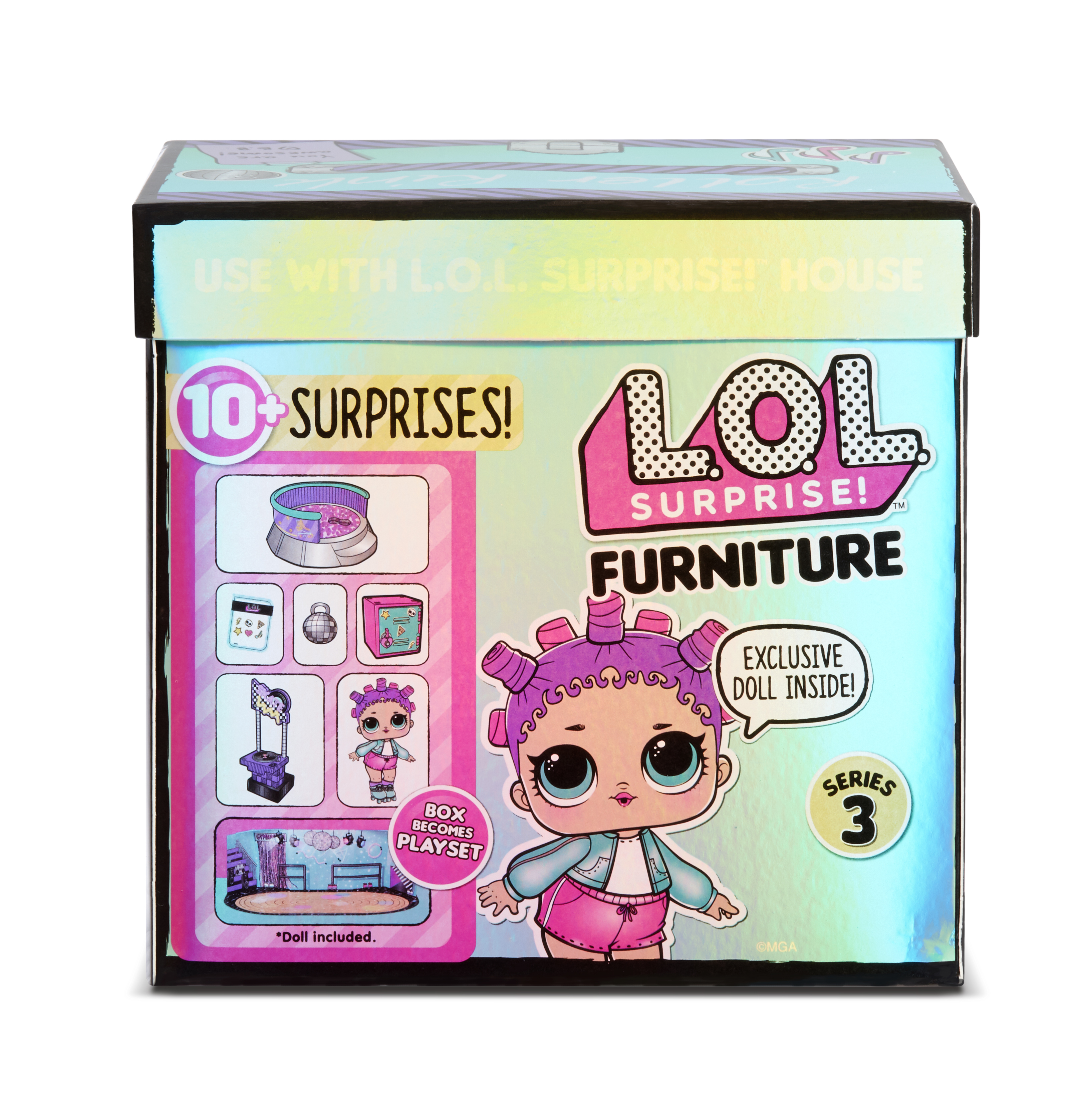 Caja de muebles LOL Surprise con muñeca. La caja muestra una muñeca con rulos y varios muebles.