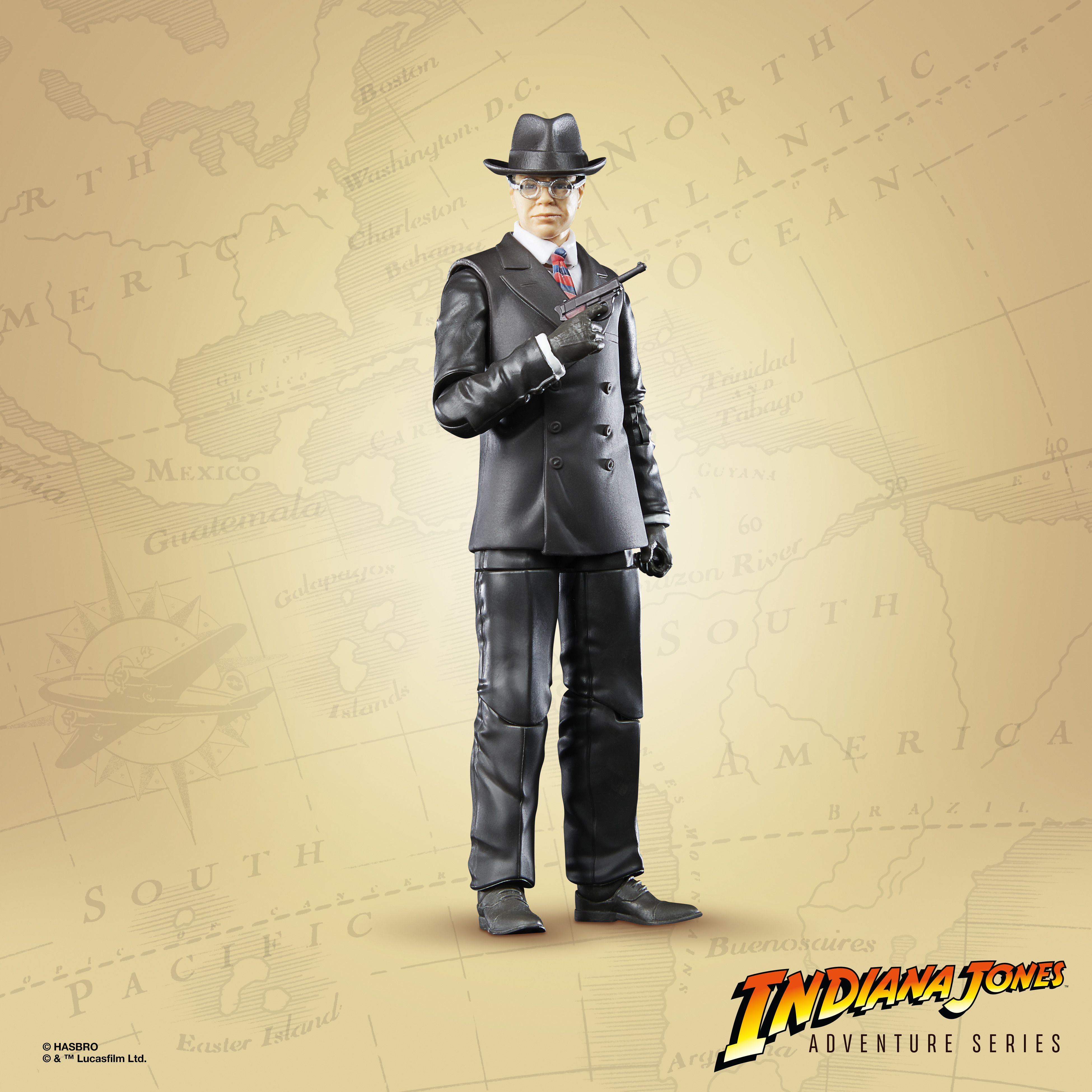 Figura di Indiana Jones con una pistola in mano su uno sfondo di mappa.