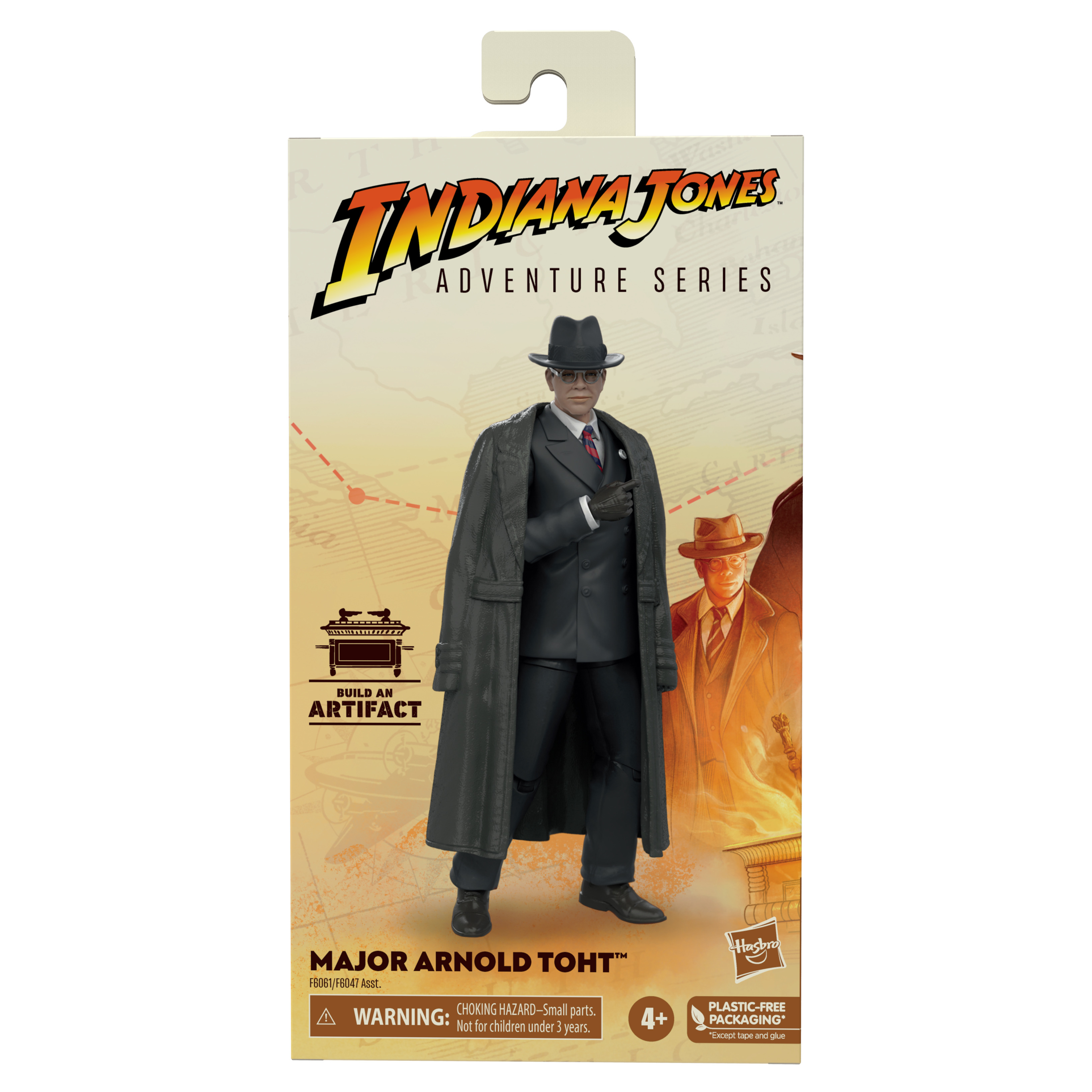 Figura giocattolo di Indiana Jones in una scatola. La scatola mostra il personaggio e ha il logo Adventure Series.