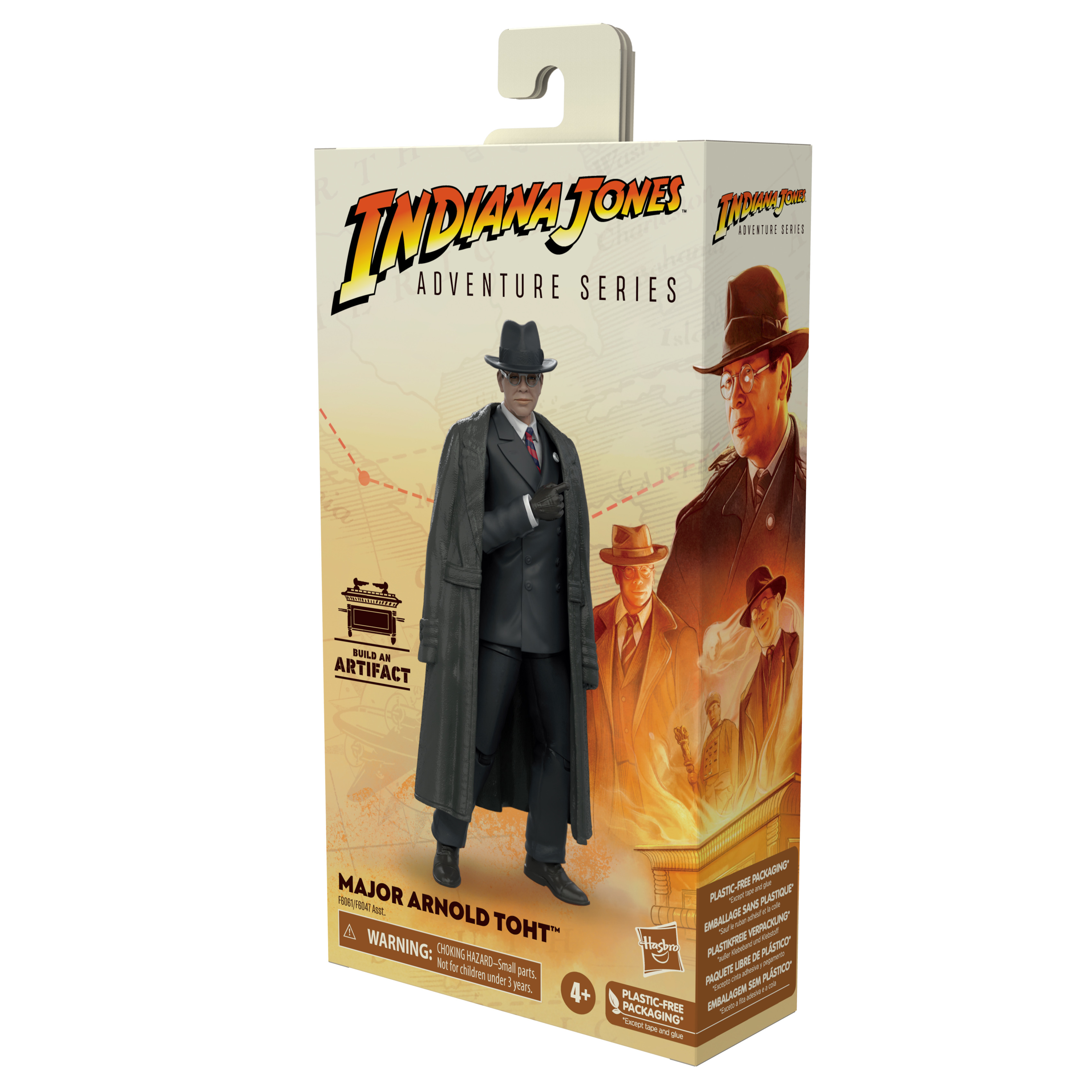 Action figure di Indiana Jones Major Arnold Toht in confezione, su sfondo mappa.