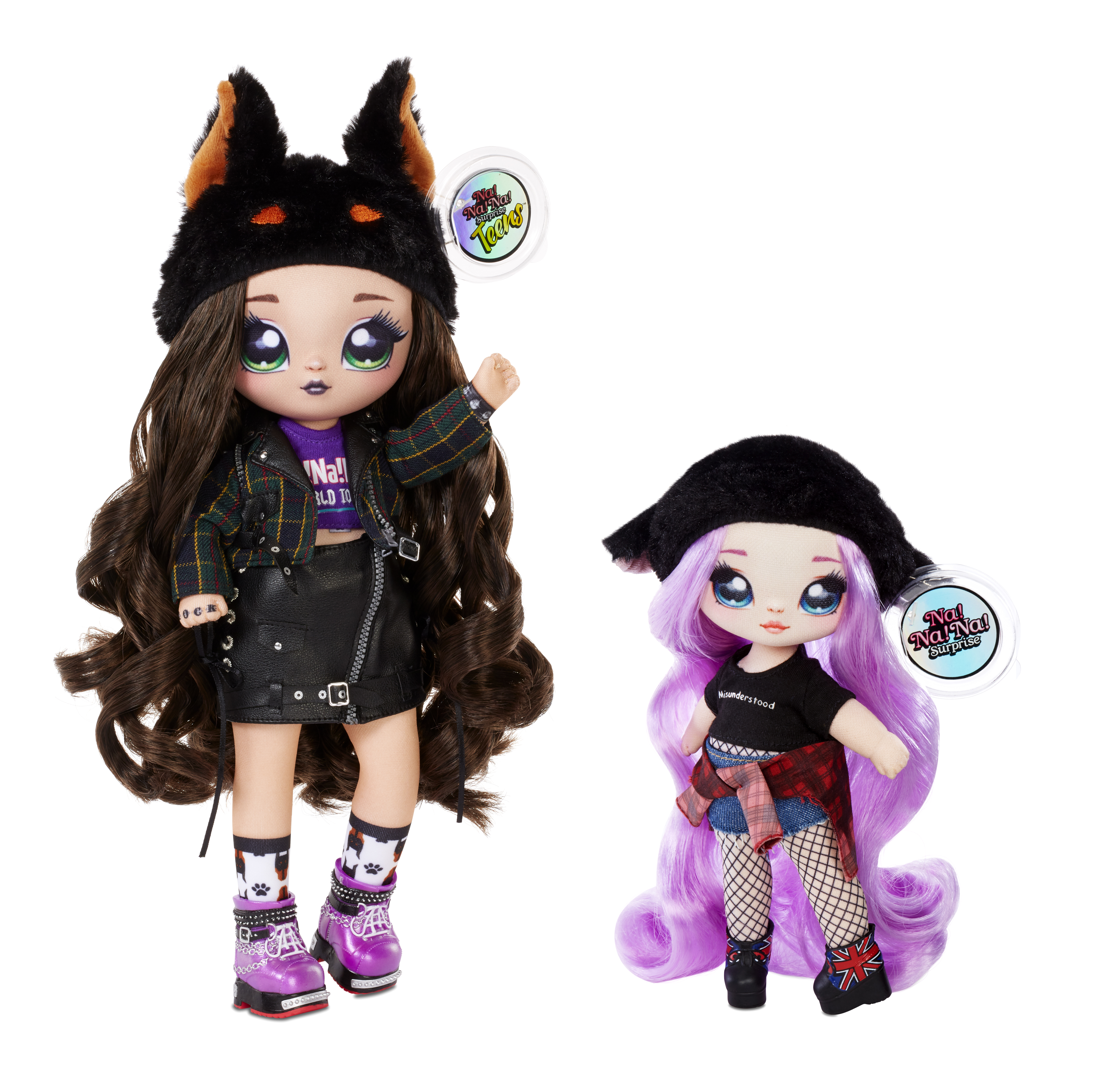 Dwie lalki Na! Na! Na! Surprise. Jedna ma czarny kapelusz, skórzaną kurtkę, druga fioletowe włosy.