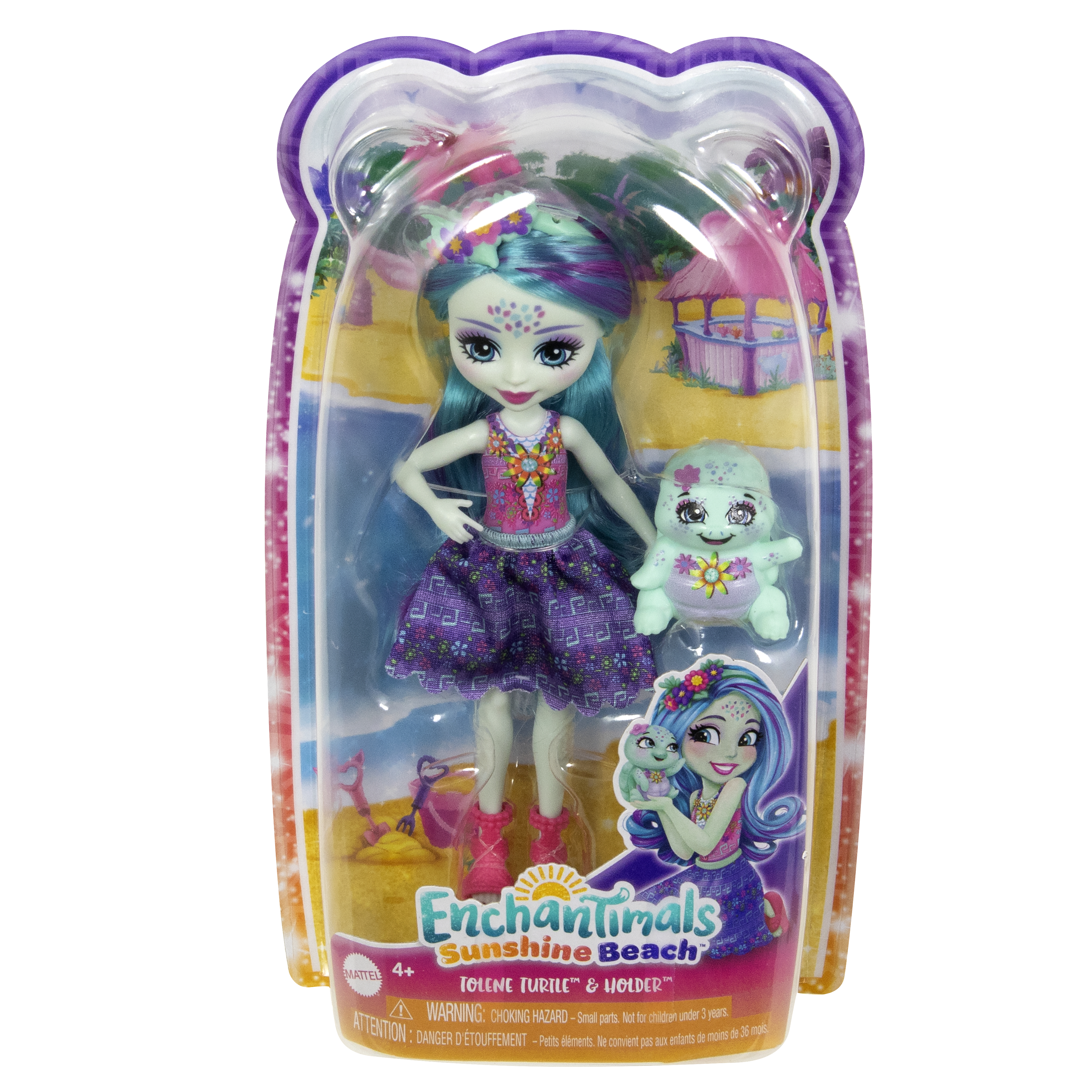 Lalka z niebieskimi włosami i zabawką żółwiem na opakowaniu. Białe tło.