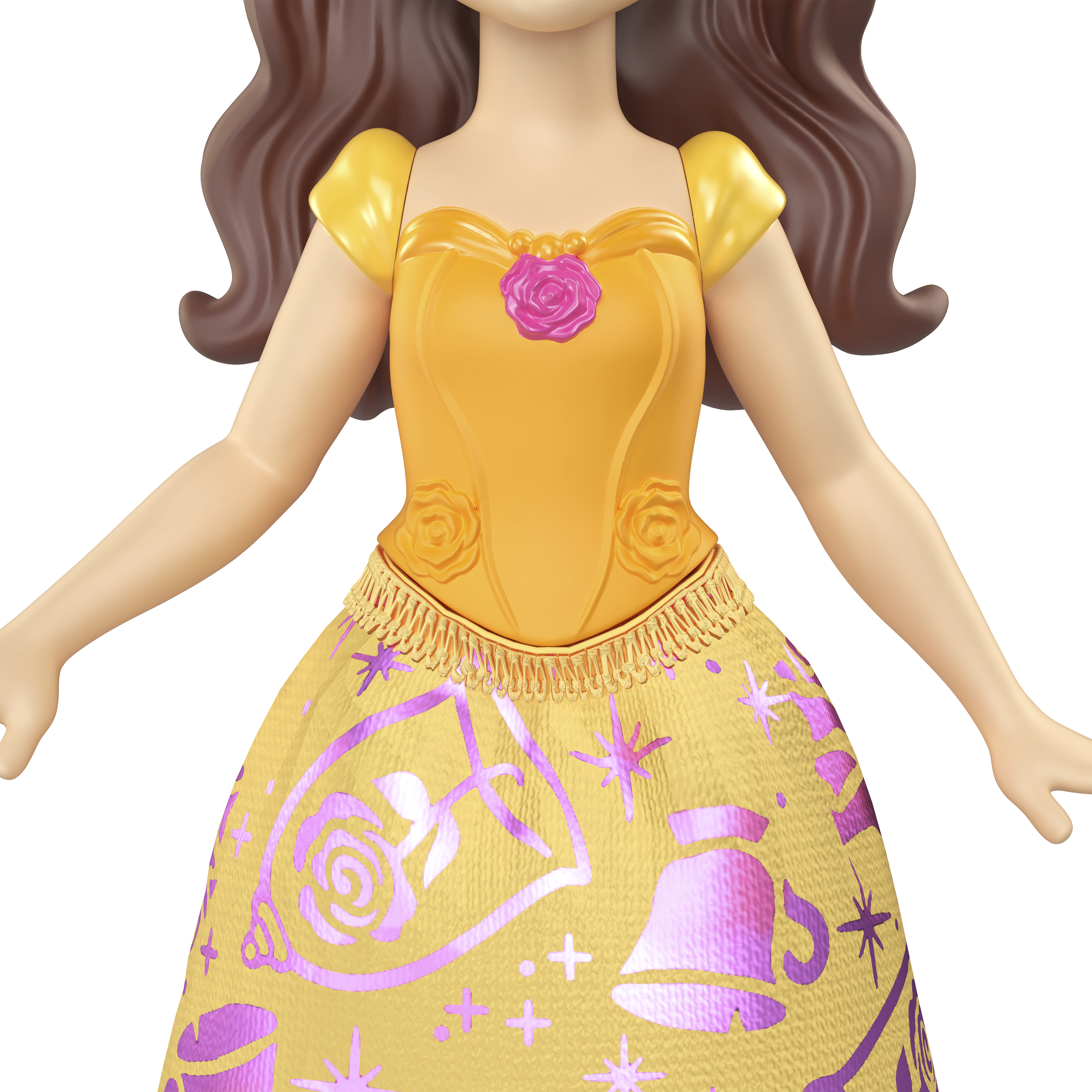 Belle-Puppe, gelbes Kleid, braunes Haar und eine Rose auf dem Oberteil. Lila und goldene Kleiddetails.