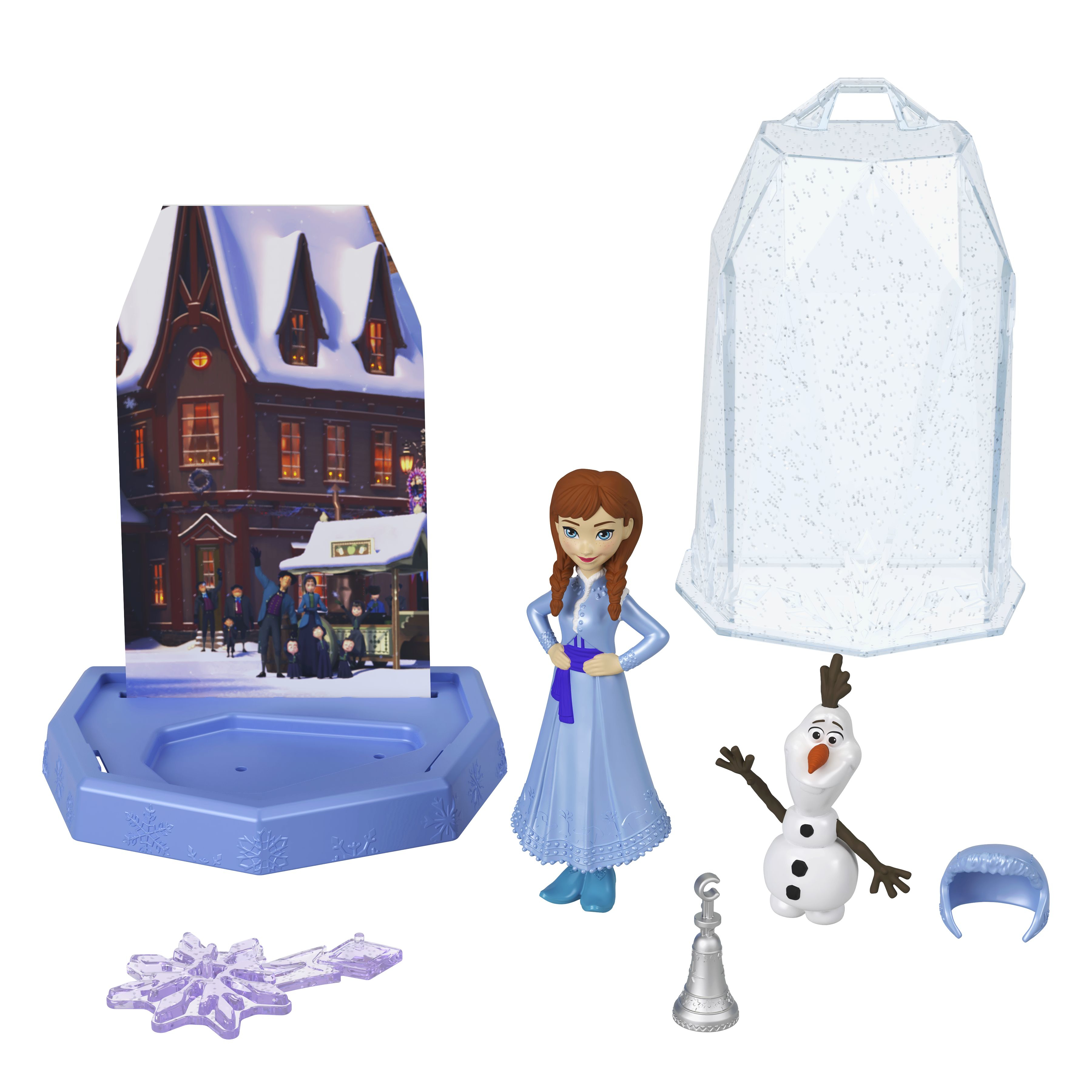 Zestaw Frozen z lalką, zimowym tłem i bałwanem, z innymi akcesoriami.