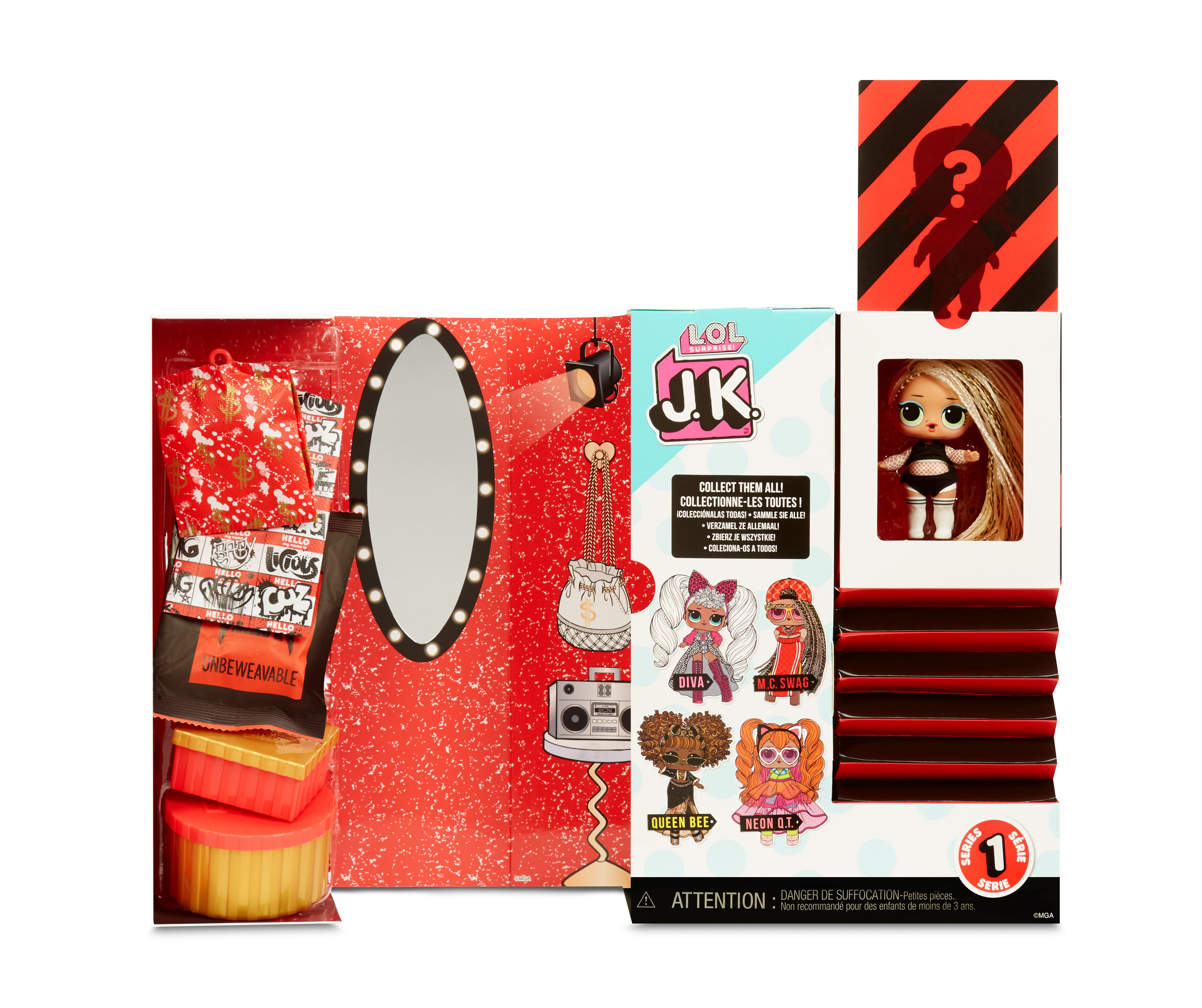 Pudełko z lalką, lustrem i akcesoriami. Czerwone tło, tekst: LOL JK i zbierz je wszystkie.