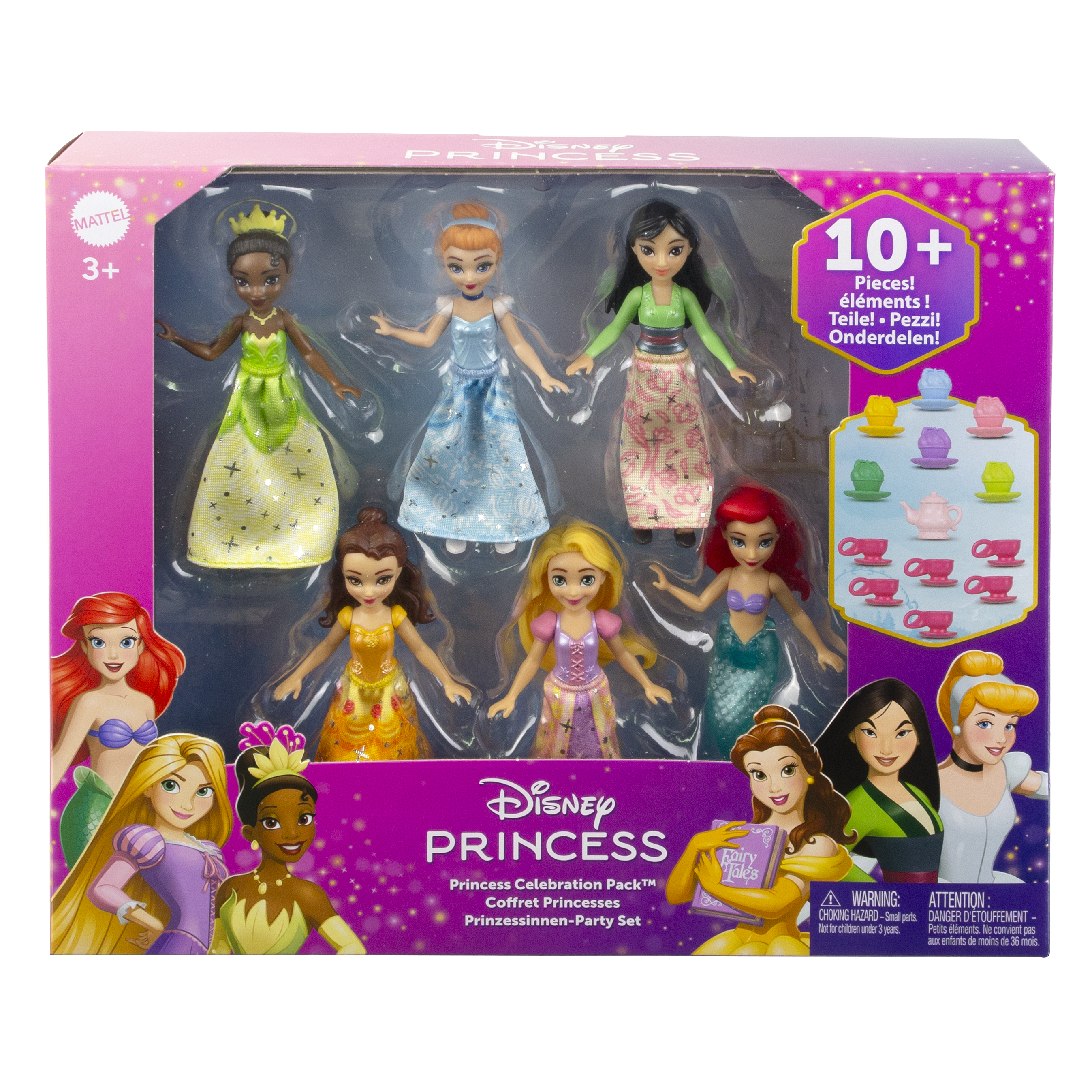 Ein Disney Prinzessinnen-Set mit Puppen und Zubehör in einer Box.