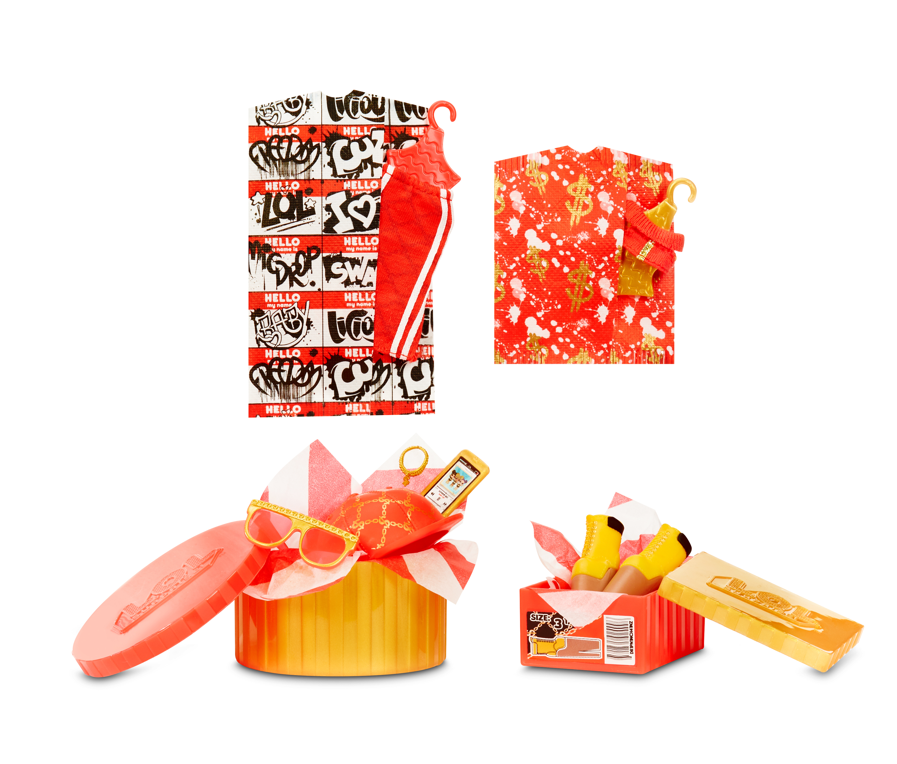 Kilka akcesoriów dla lalek LOL Surprise: pudełko, okulary, kapelusz i buty.