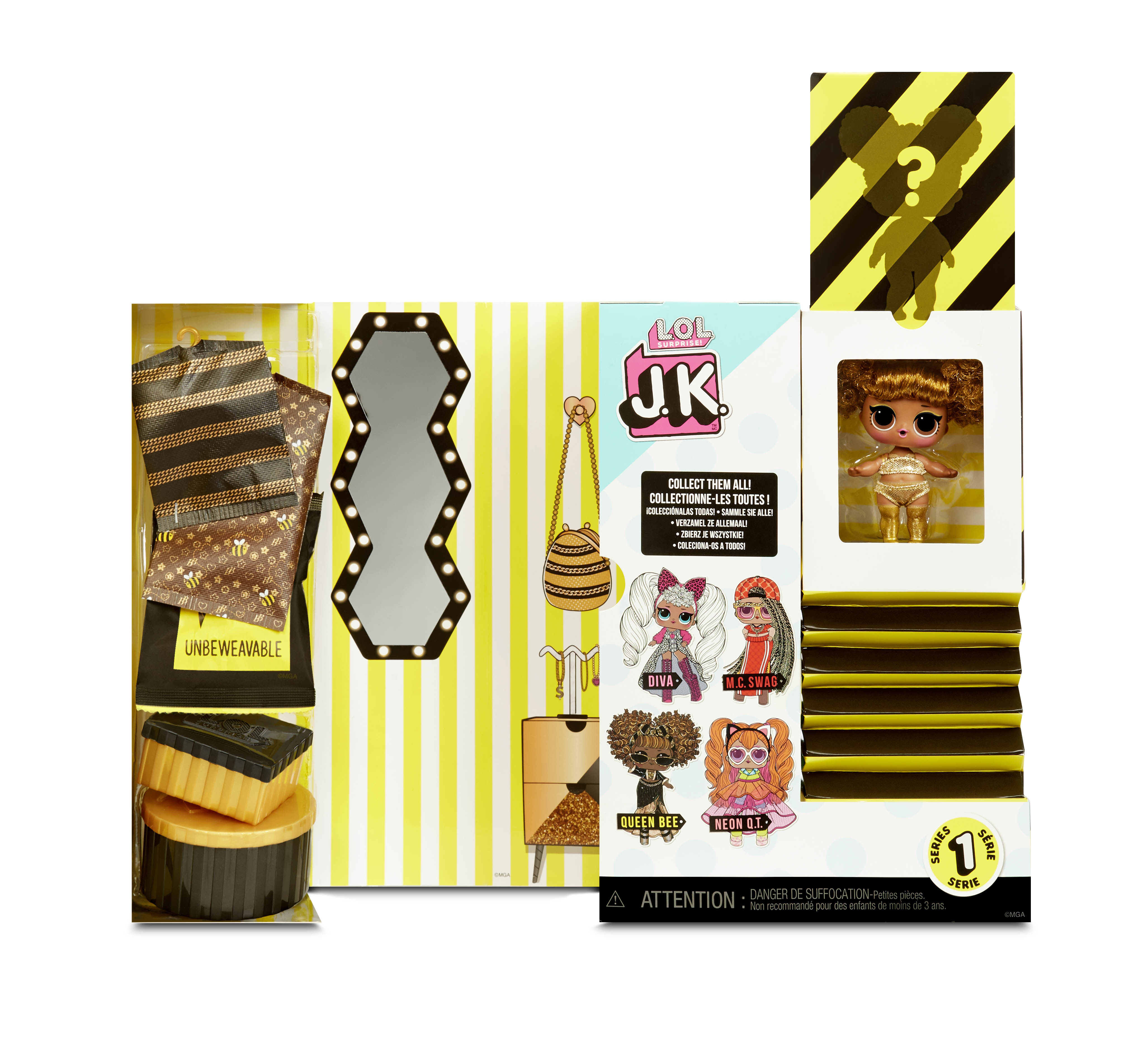 Zestaw lalek LOL Surprise JK z lustrem, ubraniami, akcesoriami i innymi lalkami.