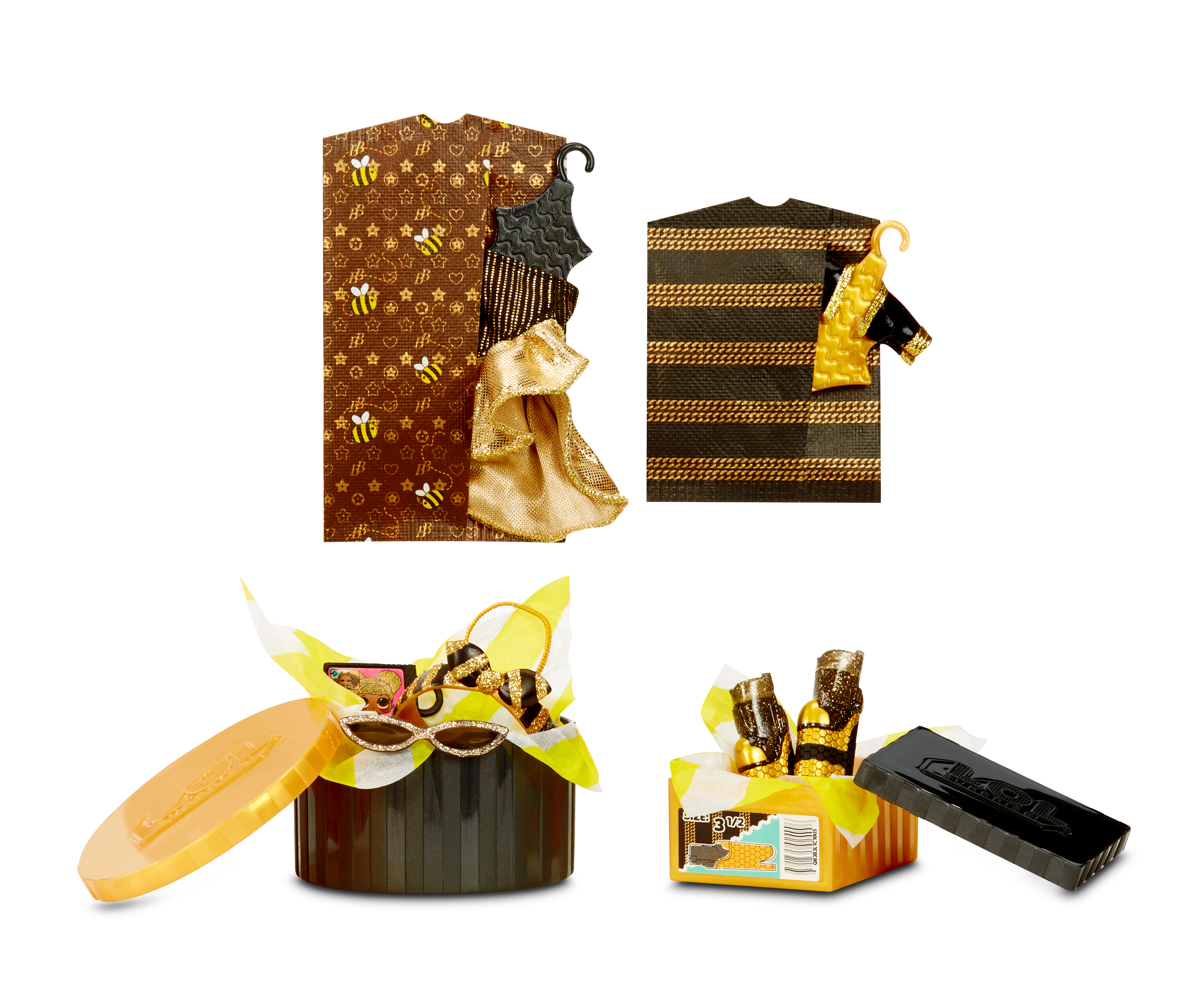 Zestaw ubrań i akcesoriów dla lalek w pudełkach, w tym sukienki, torebka i buty.