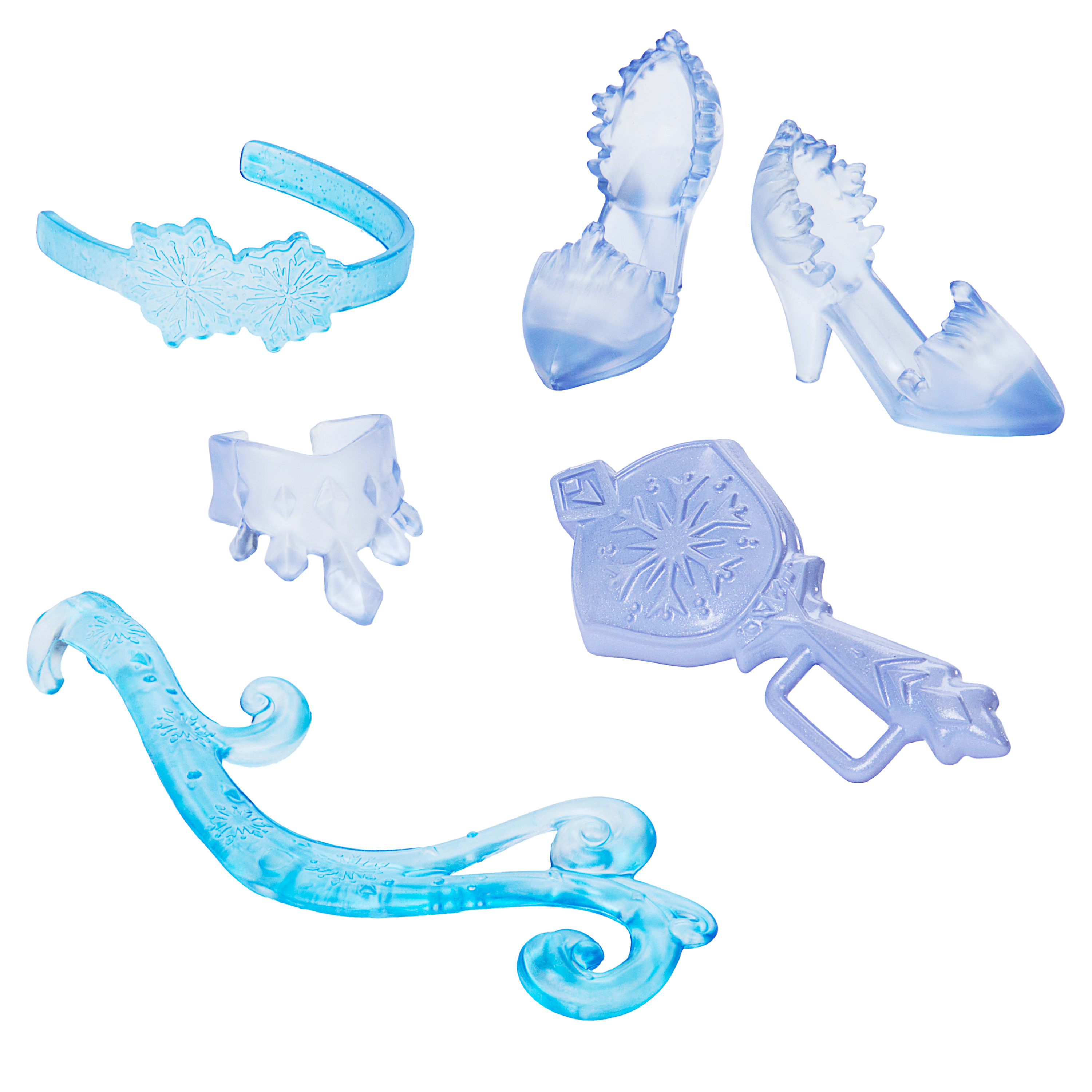 Un conjunto de juguetes temáticos de Frozen, que incluyen zapatos, una corona, una llave y una decoración.