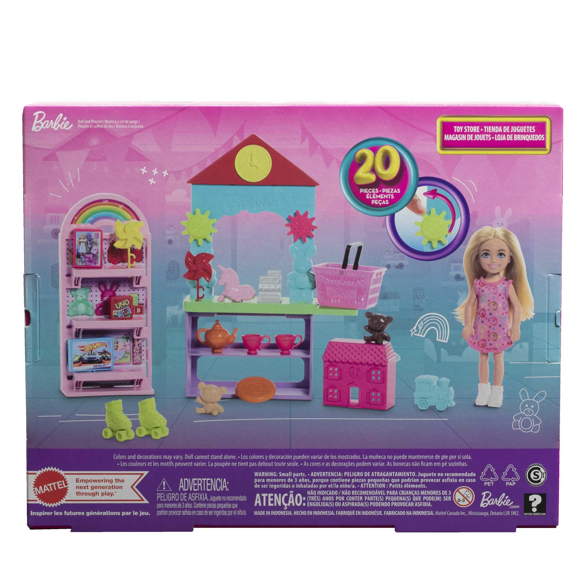 Rückseite einer Barbie-Spielset-Box mit Puppe, Zubehör und Text in mehreren Sprachen.