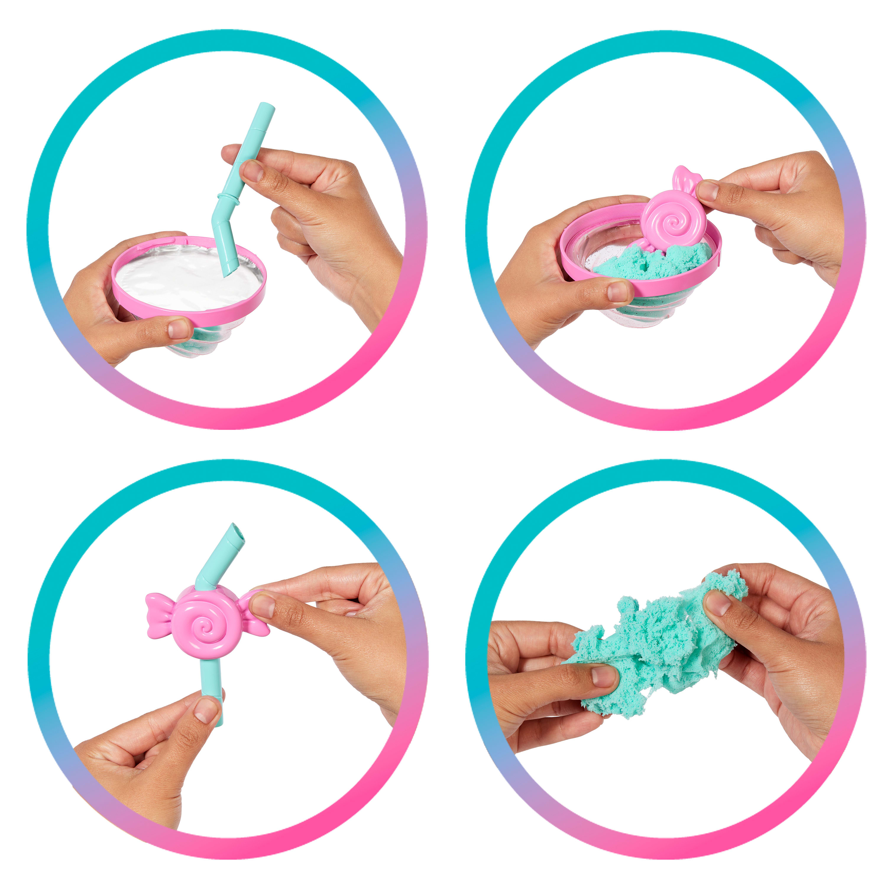 Cztery obrazy pokazują kroki do zrobienia zabawki. Na każdym kroku widać dłonie.