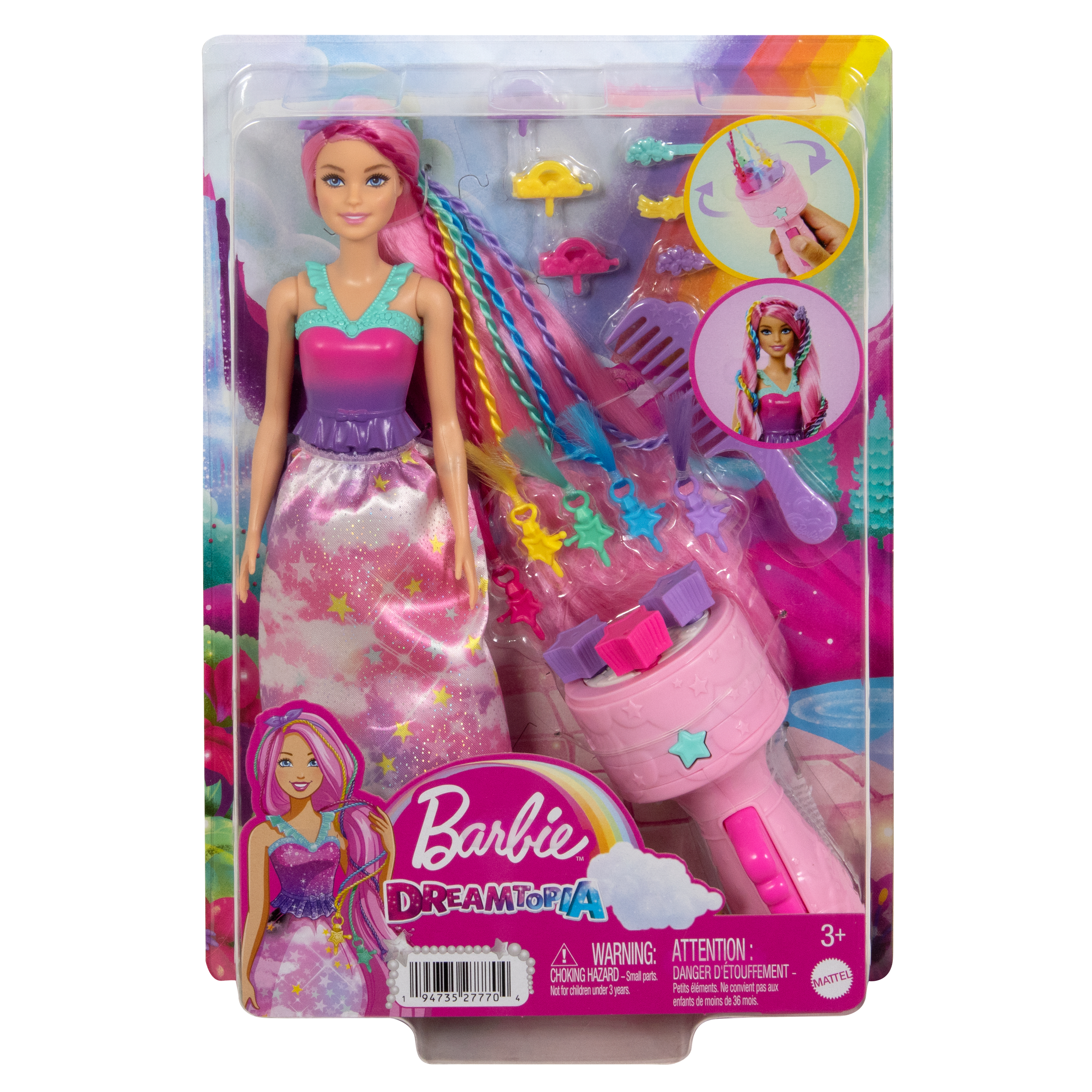 Barbie Dreamtopia-Puppe in einer Verpackung mit Zubehör. Pinkes Haar, Regenbogenkleid. Die Verpackung zeigt einen Kamm und Haarstyling.