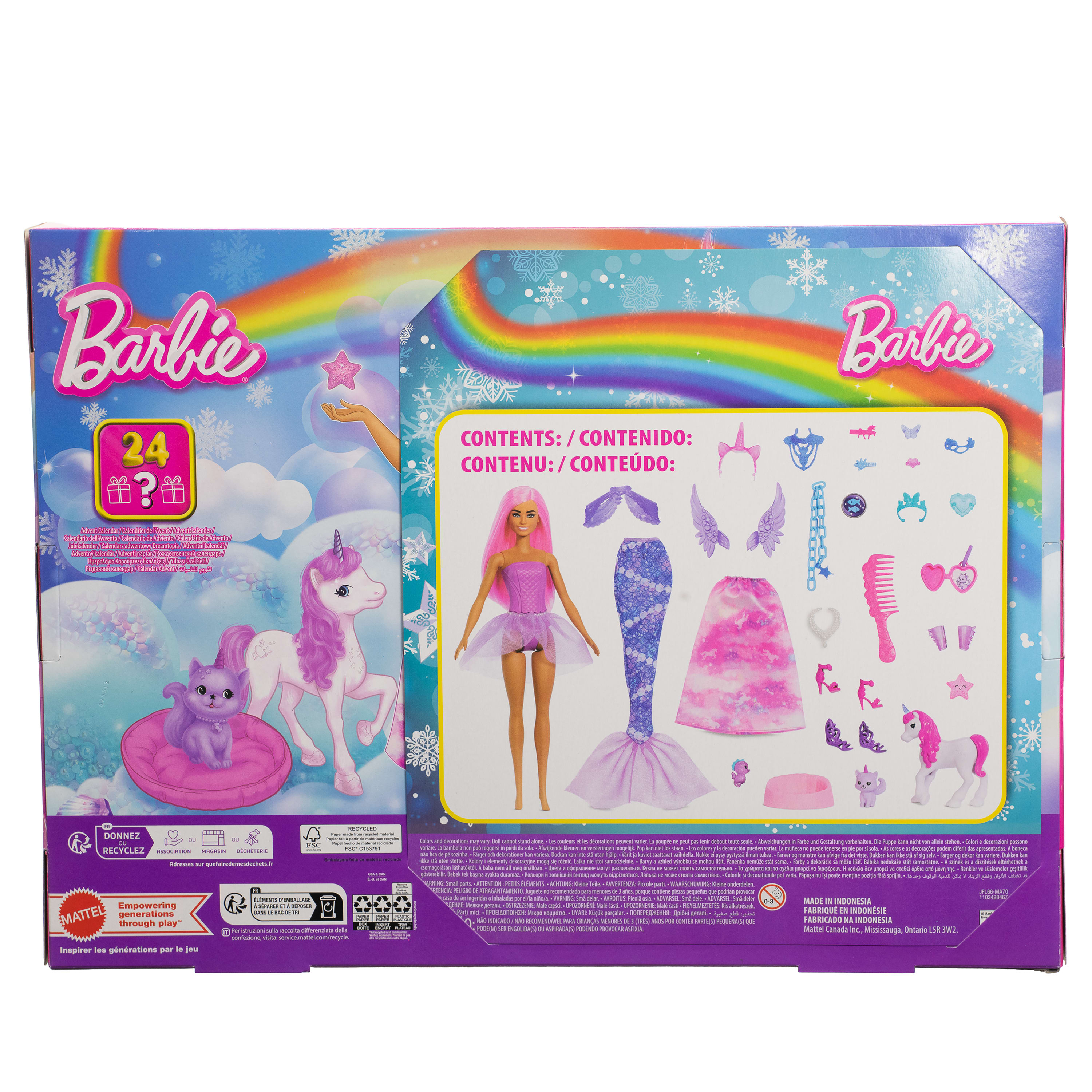Tył pudełka Barbie z figurkami i akcesoriami Barbie. Pudełko ma tęczę. Tło jest białe i fioletowe.