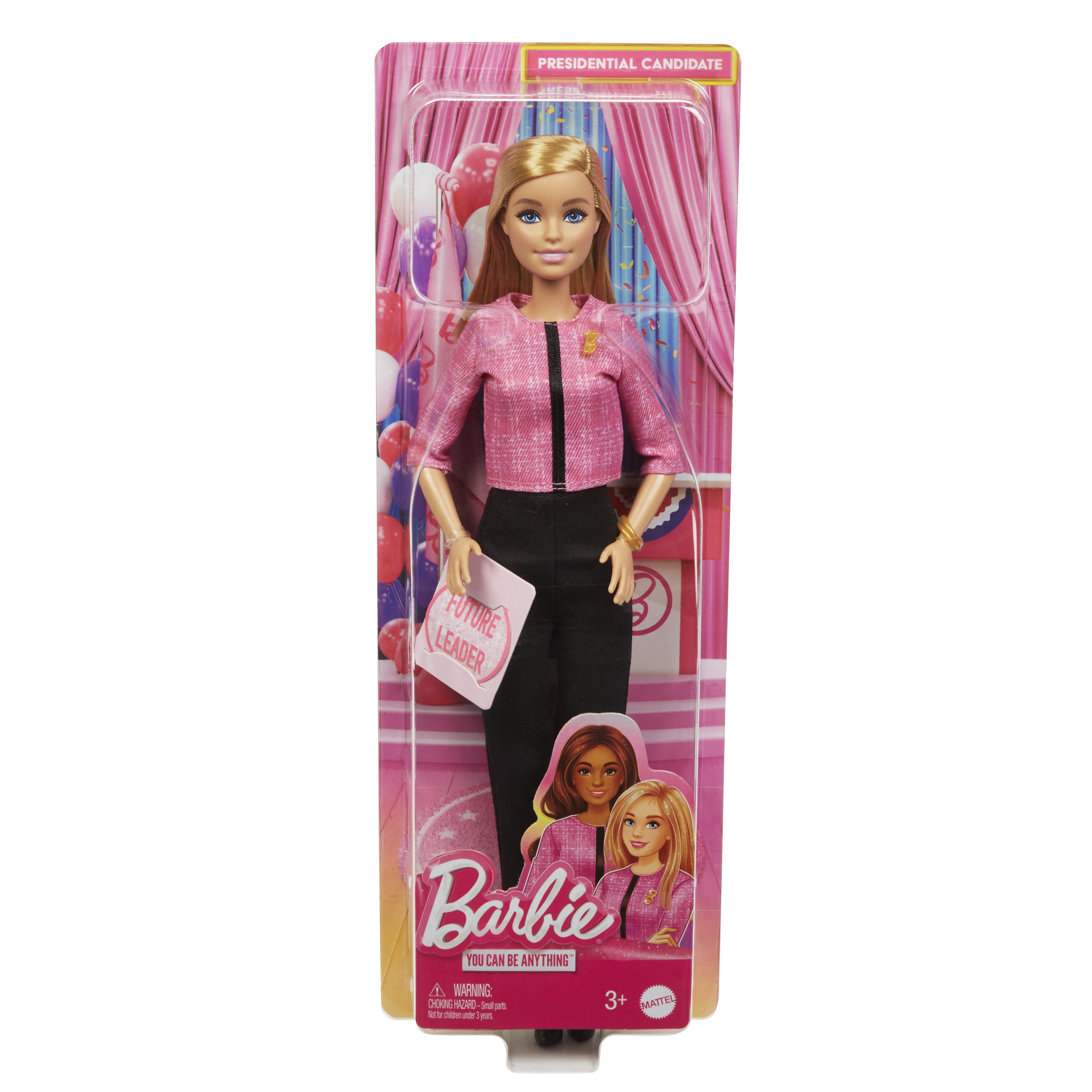 Barbie-Puppe in pinkem Anzug, schwarzer Hose, hält Schild: 'Future Leader'.