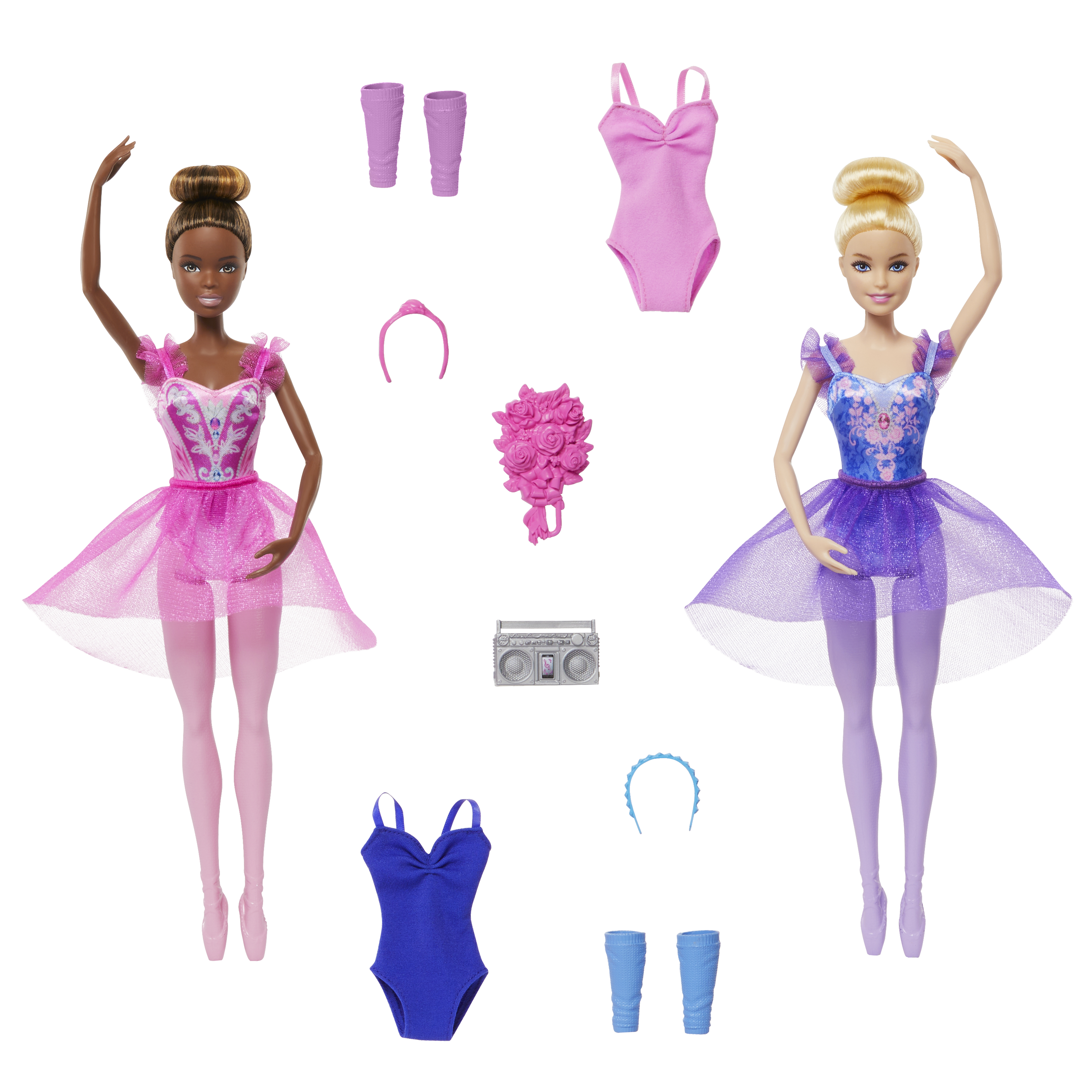 Zwei Ballerina-Puppen und Zubehör. Eine ist dunkelhäutig, die andere hellhäutig. Rosa und Lila dominieren.