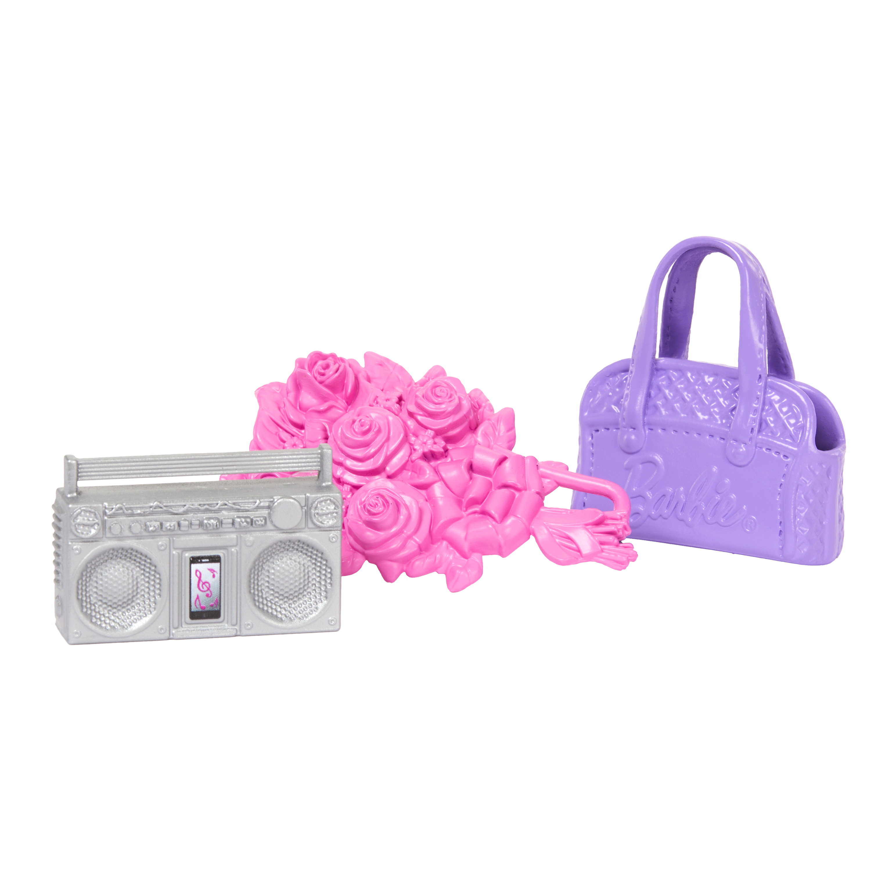 Rosa Rosen, eine silberne Boombox und eine lila Handtasche auf weißem Hintergrund.