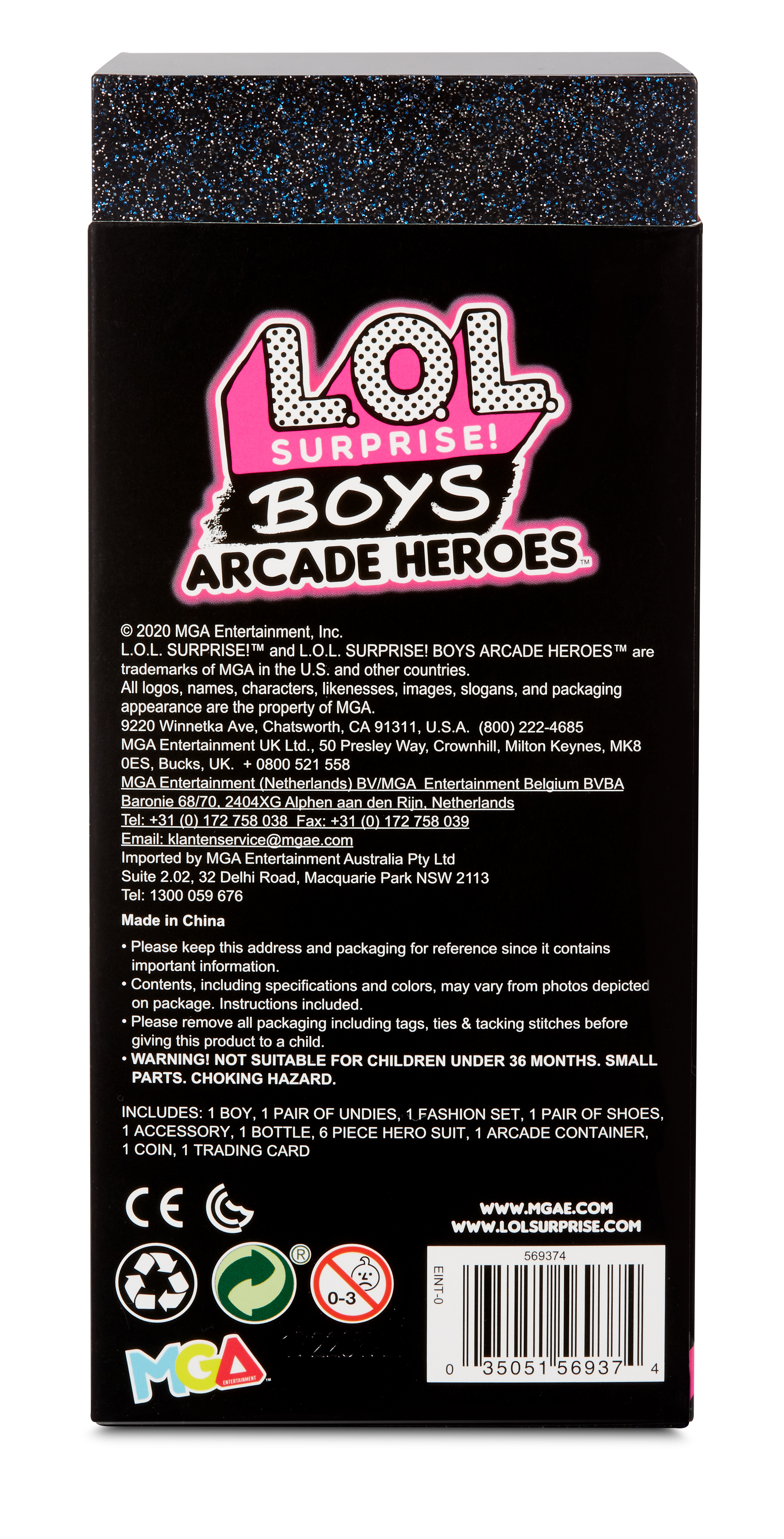 Die Rückseite einer LOL Surprise Boys Arcade Heroes Box mit Text und Logos.