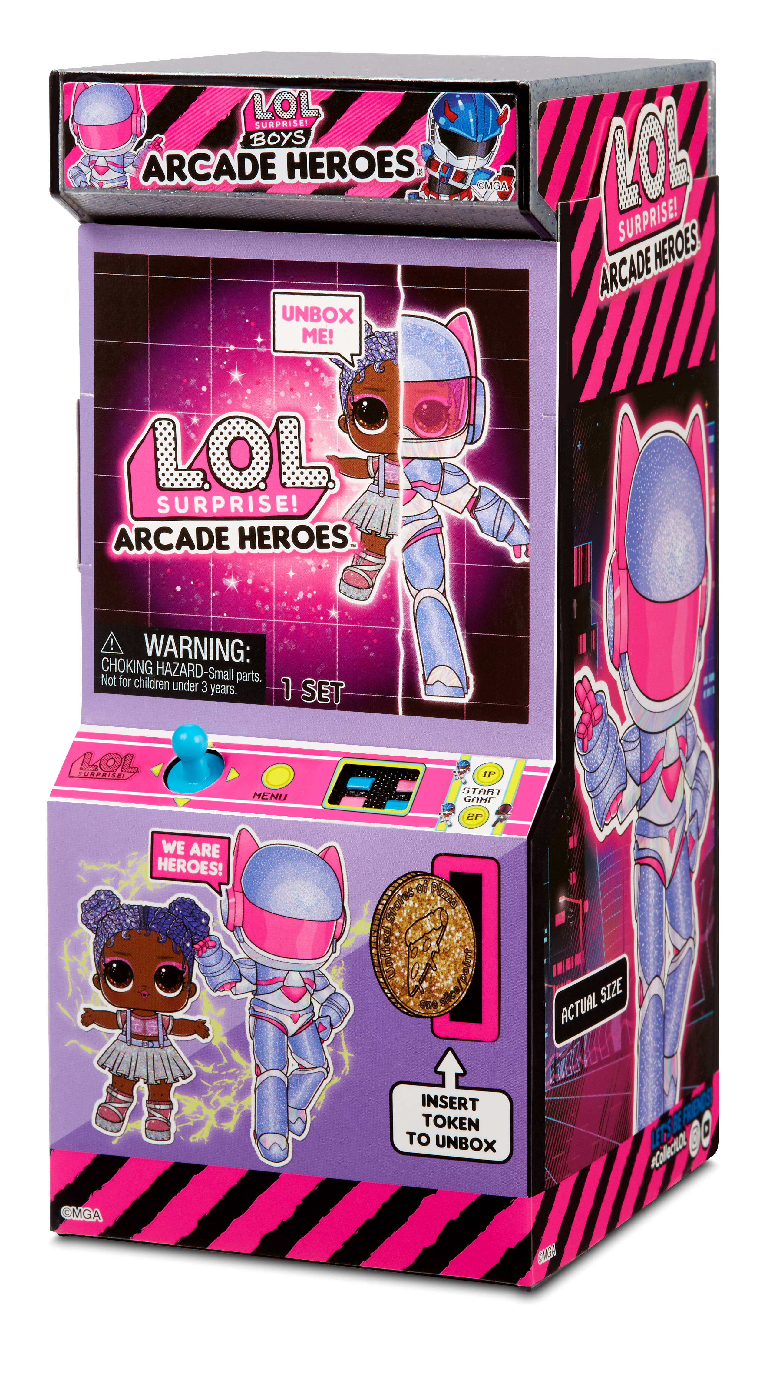 Eine LOL Surprise Arcade Heroes Box mit einer Puppe. Es hat ein rosa und schwarzes Farbschema.