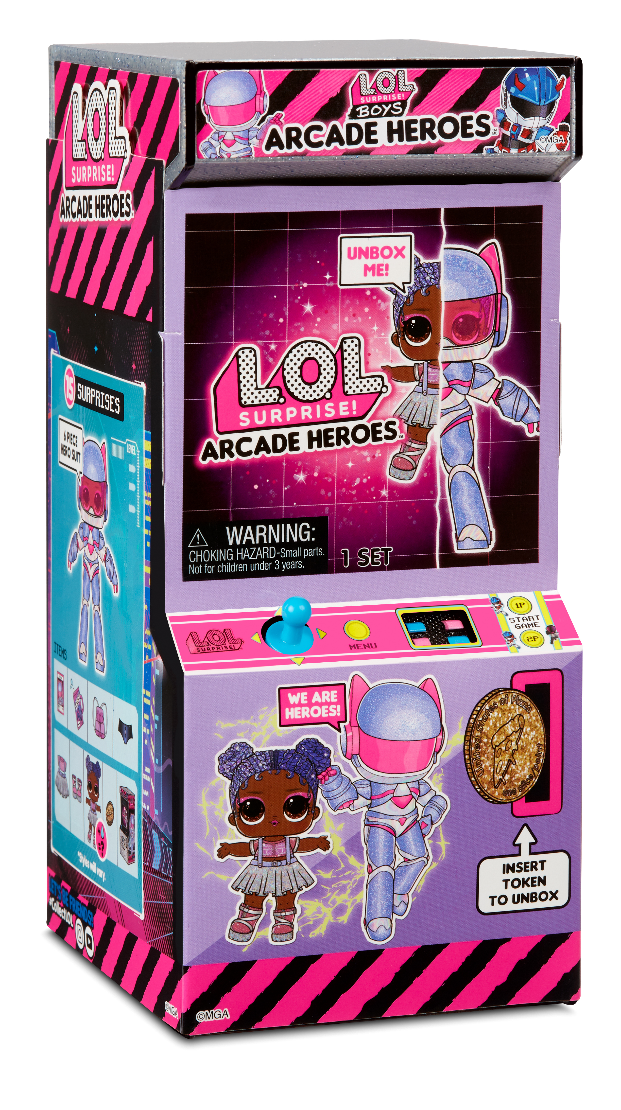 Eine Spielzeugkiste im Arcade-Stil mit einer LOL-Puppe. Die Box ist rosa und schwarz.