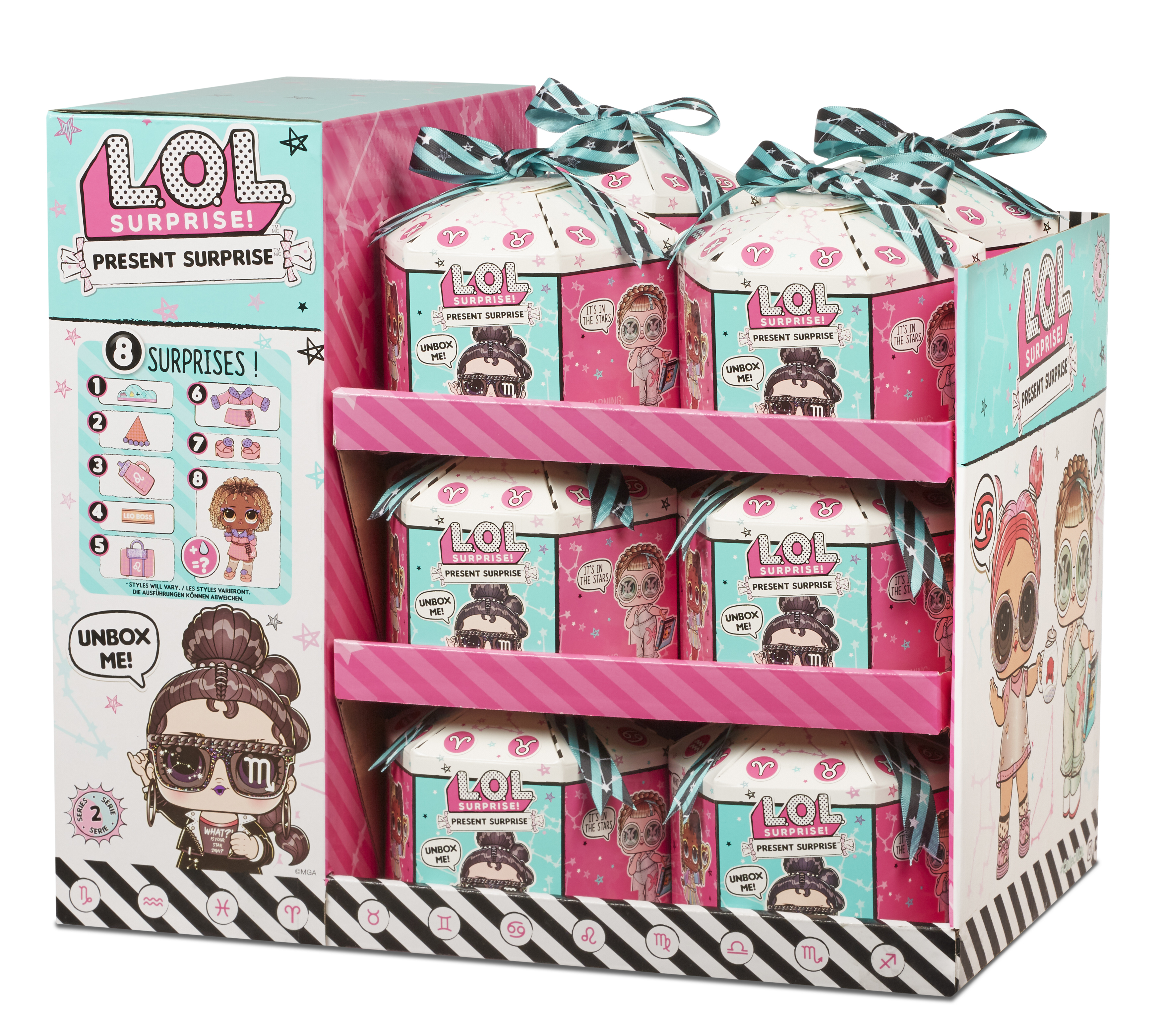 Zestaw pudełek LOL Surprise z wieloma pudełkami niespodziankami, w środowisku detalicznym.