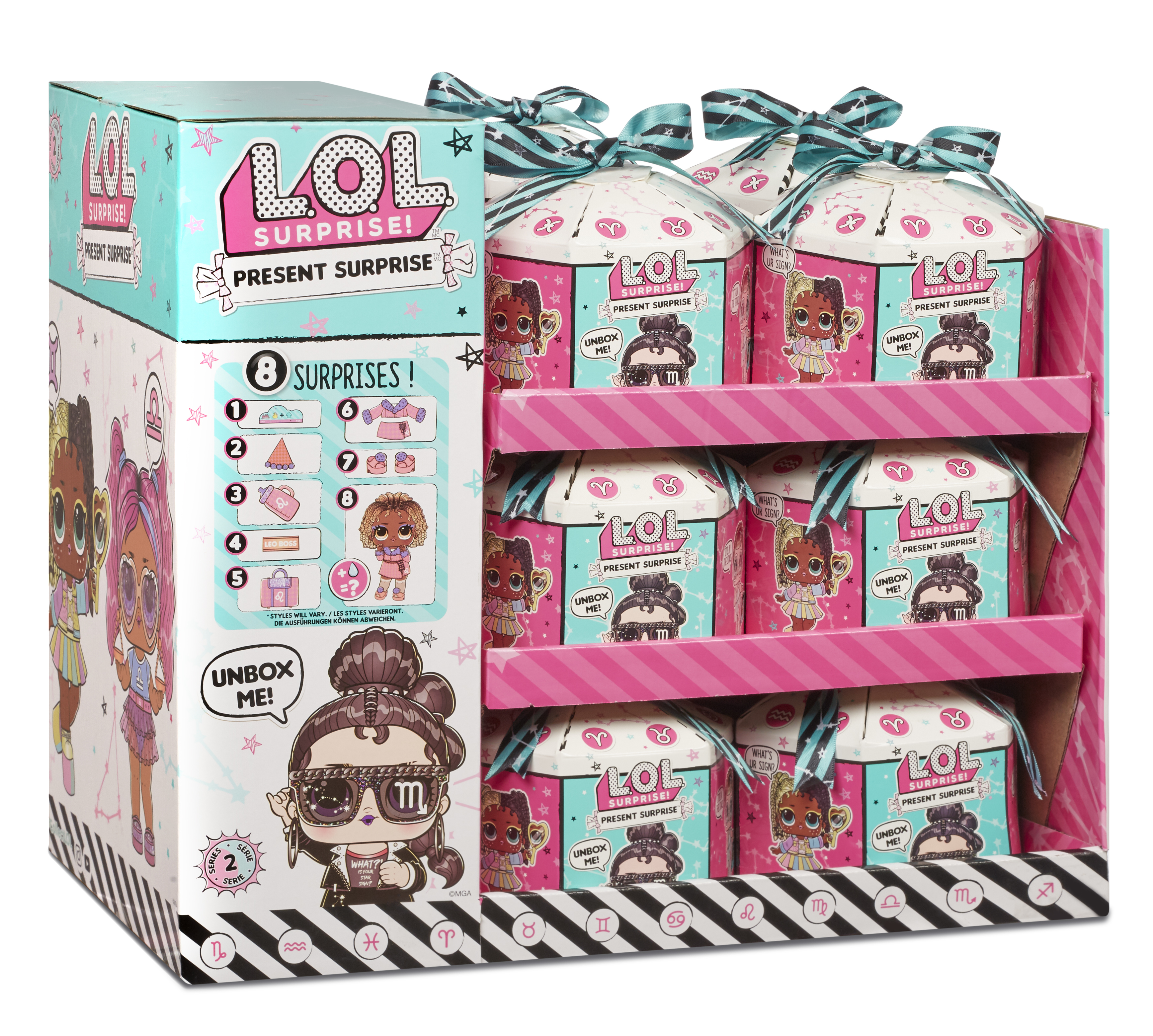 Pudełko z wieloma pudełkami LOL Surprise Present Surprise, z różnymi postaciami z kreskówek po bokach.