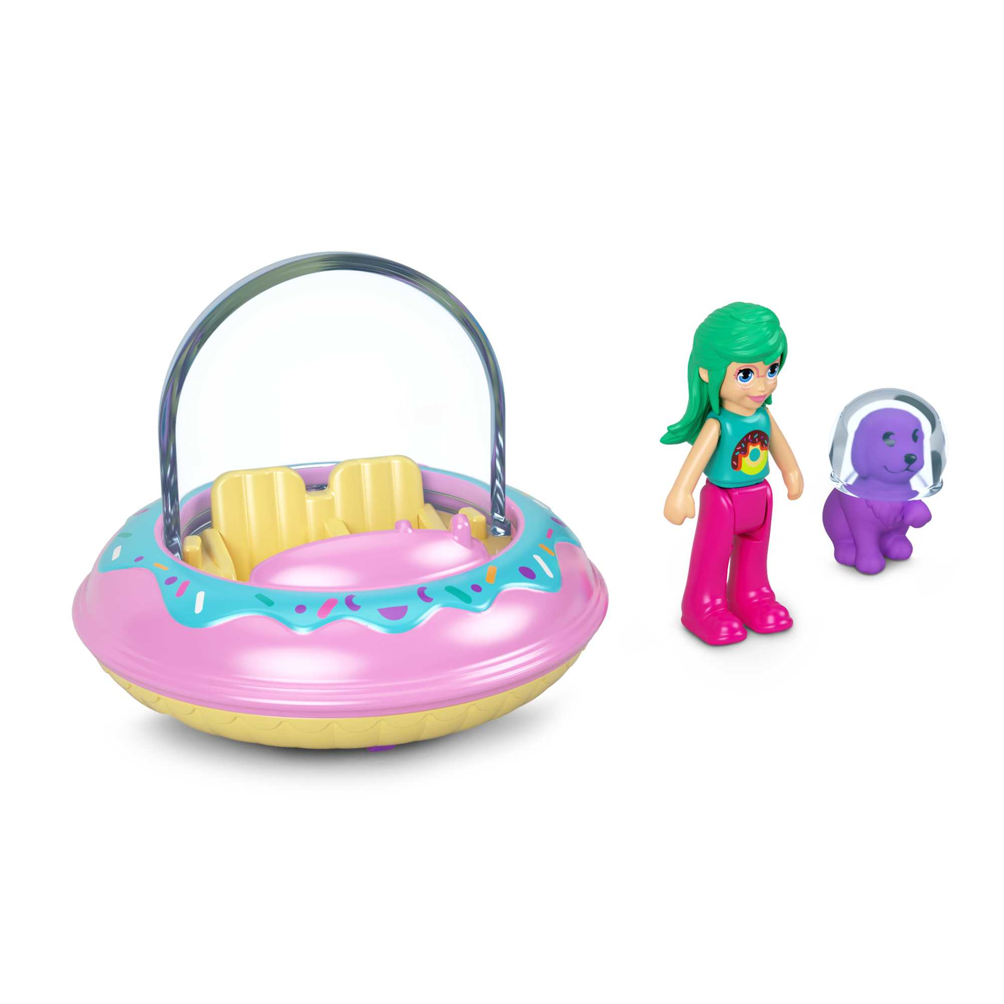 Ein Spielzeug mit einem rosa donut-förmigen Fahrzeug, einem grünhaarigen Mädchen und einem lila Hund mit Weltraumhelm.