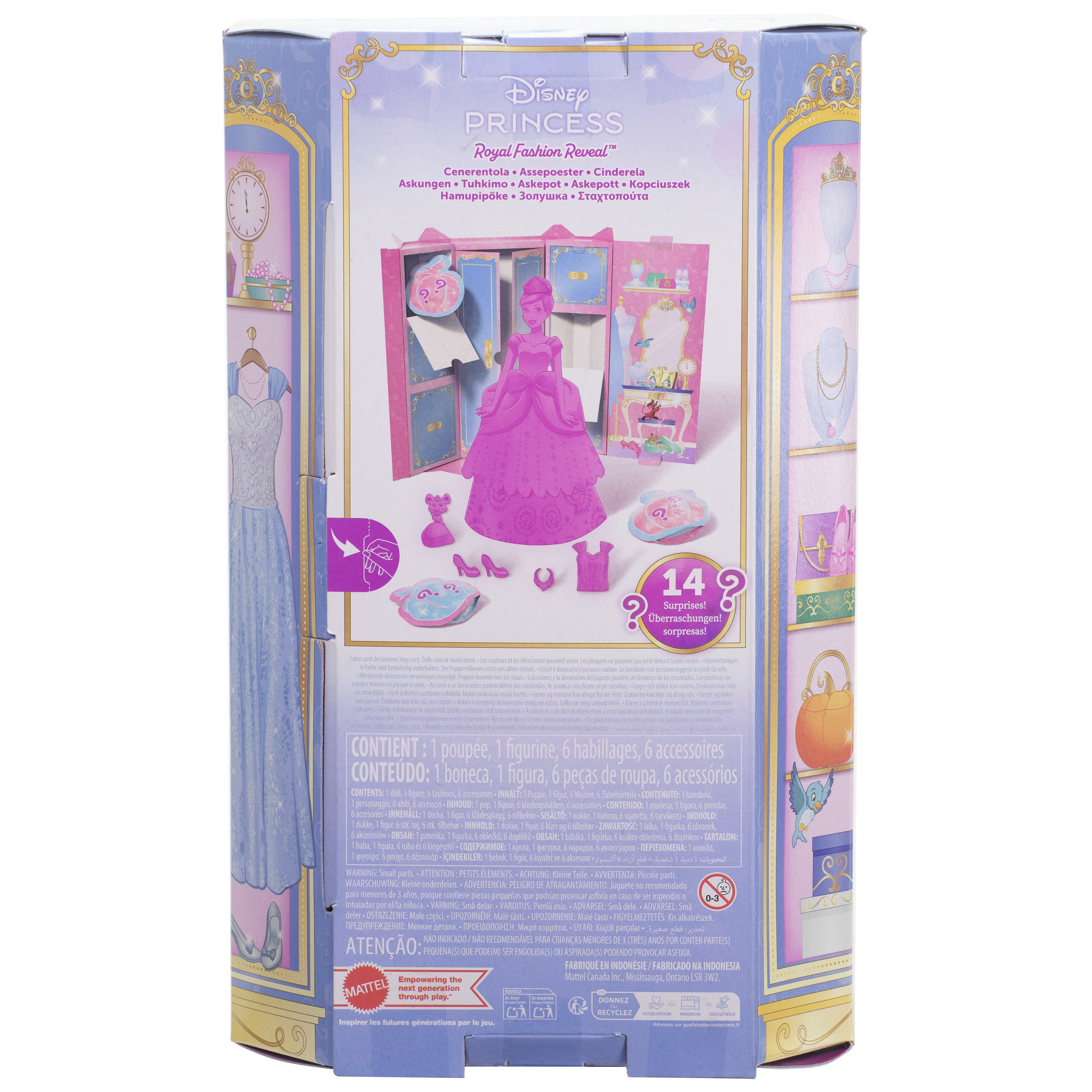 Eine Spielzeugkiste mit dem Text: 'Disney Princess Royal Fashion Reveal'. Die Rückseite zeigt eine Cinderella-Szene.