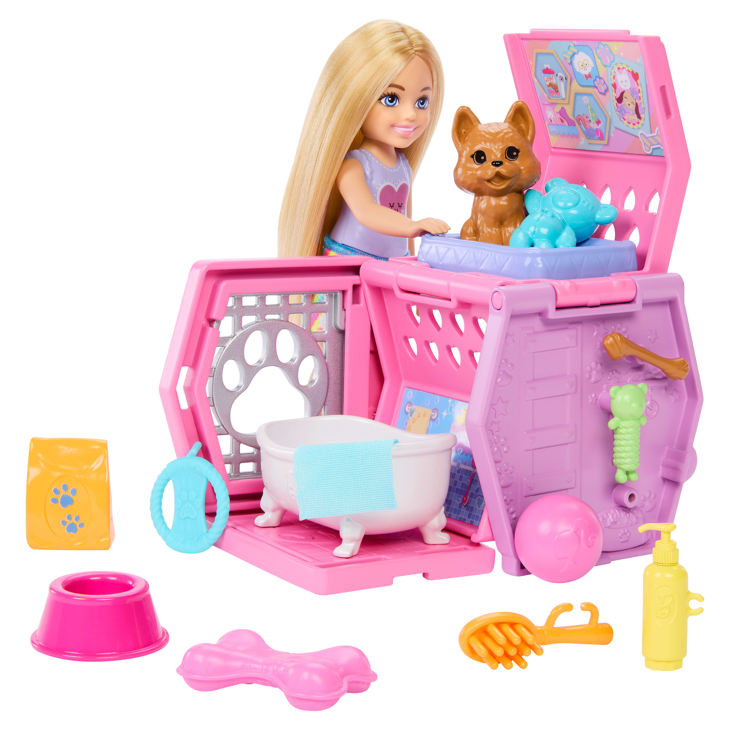 Lalka Barbie z zestawem do pielęgnacji zwierząt. Scena zawiera psa, różową klatkę i akcesoria.