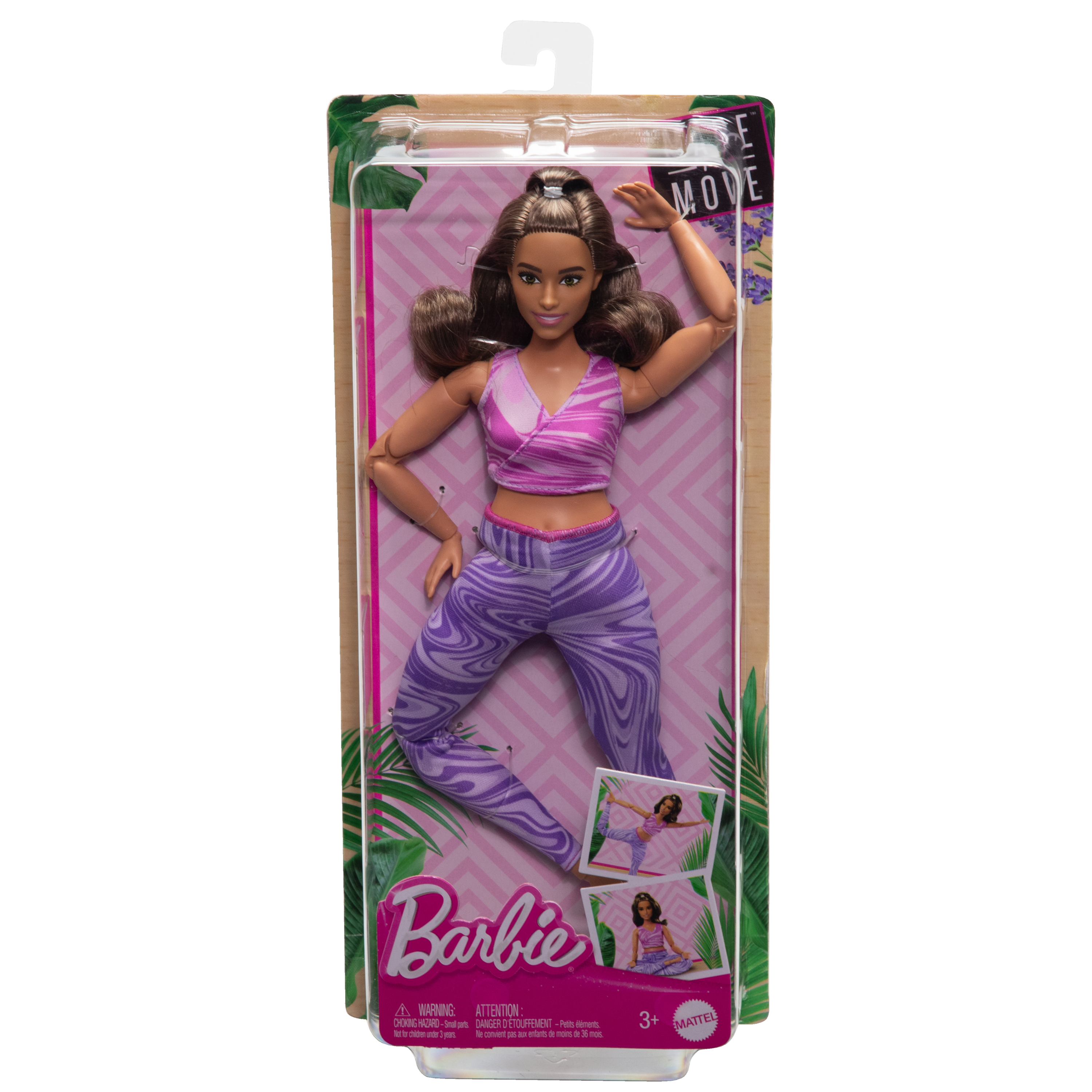 Barbie-Puppe in Sportkleidung, in einer Verpackung. Die Puppe hat braunes Haar und posiert.