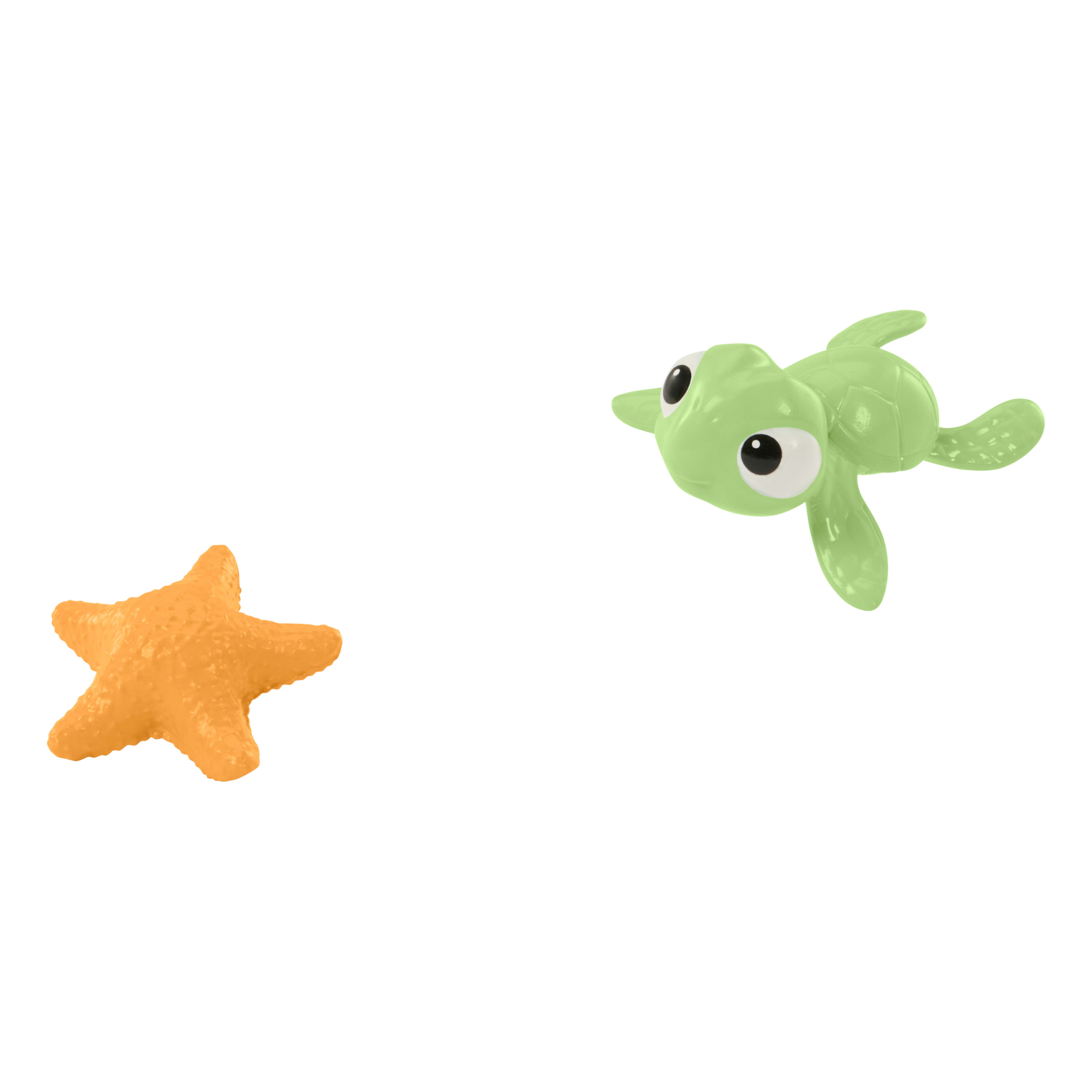 Zabawkowe żółwie i rozgwiazdy, oba w wodzie. Żółw jest zielony, rozgwiazda pomarańczowa.