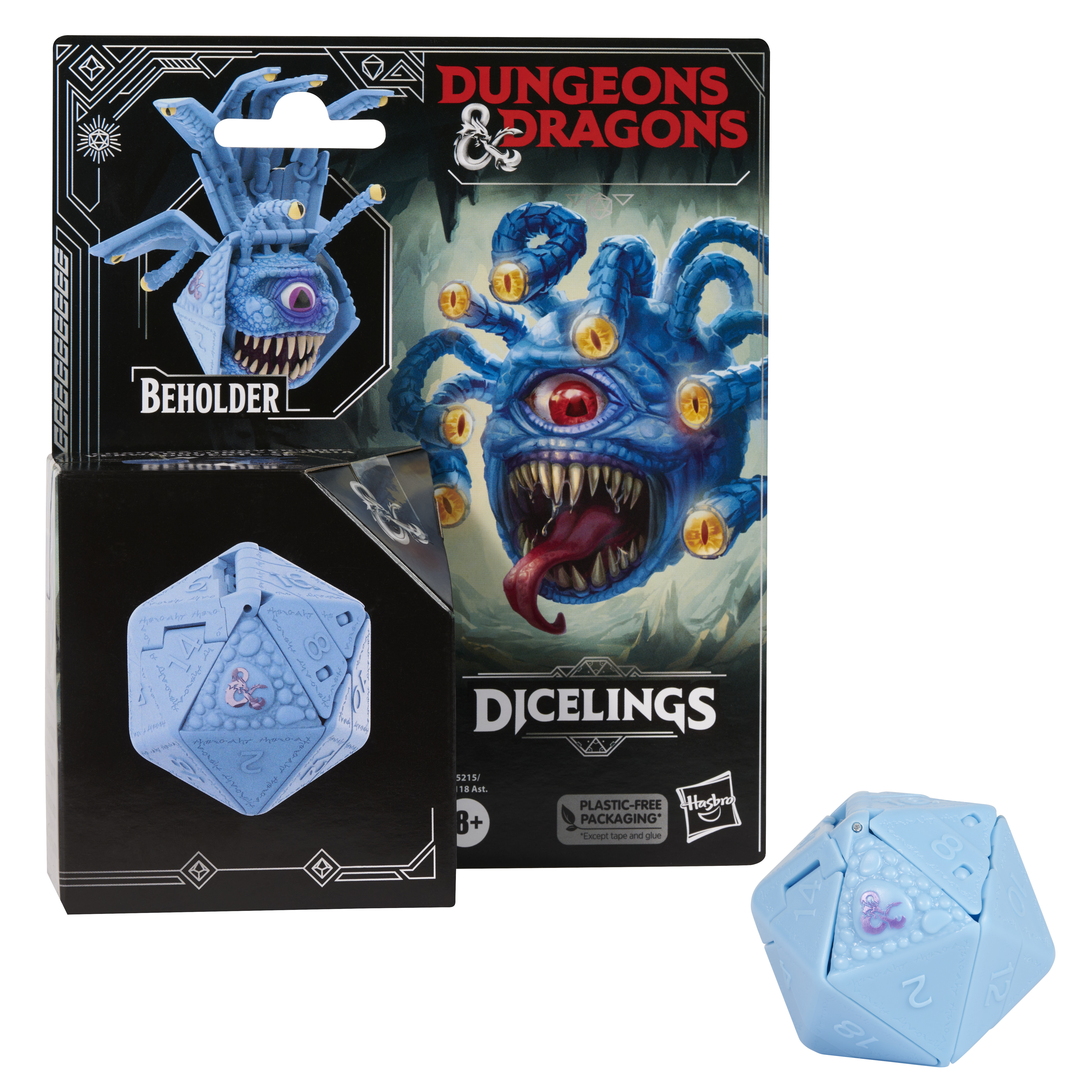 Una confezione di giocattoli Dicelings di Dungeons & Dragons con un dado blu a forma di beholder e un'immagine di beholder.