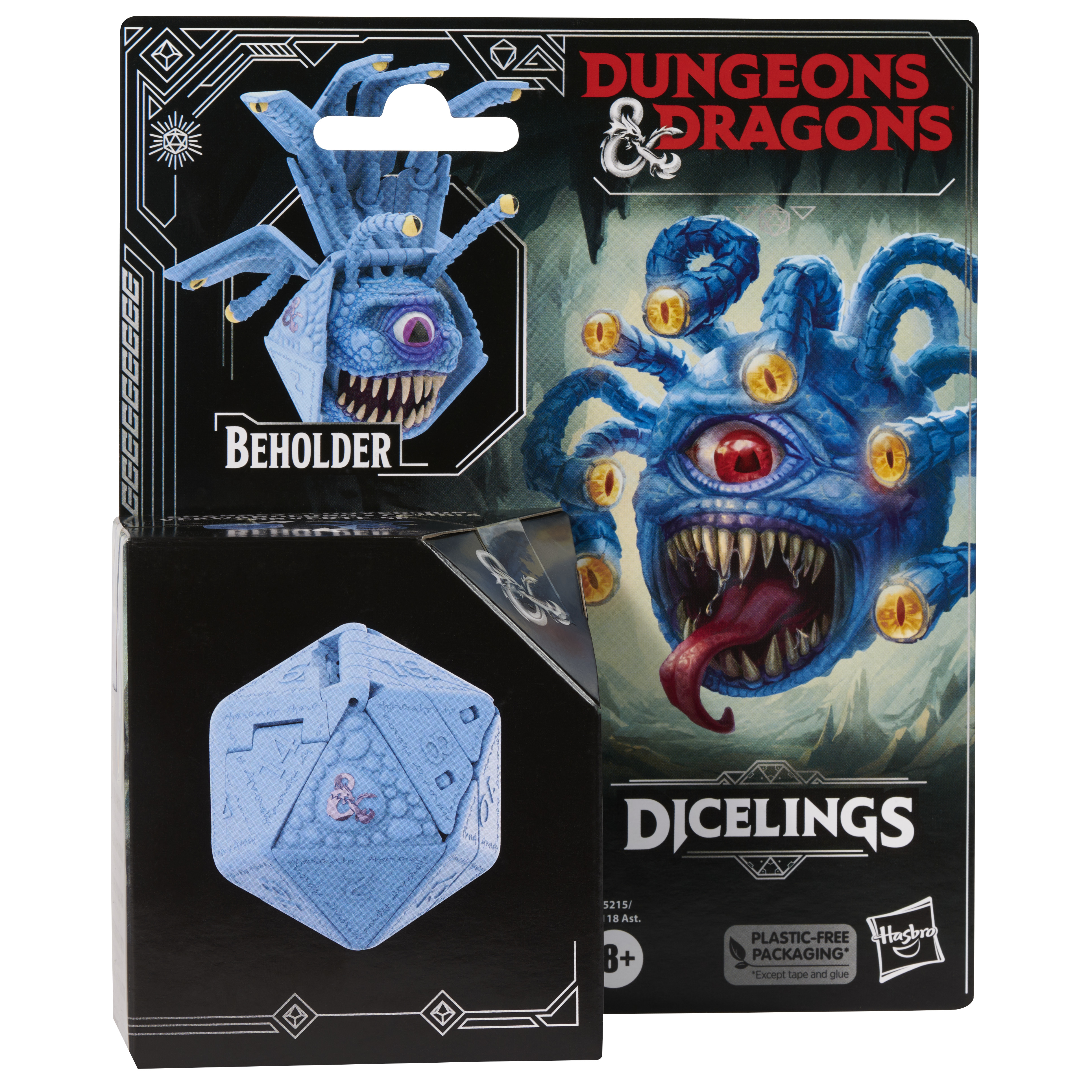 Una confezione di giocattoli Dungeons & Dragons con un osservatore e un dado. La confezione è nera e blu.