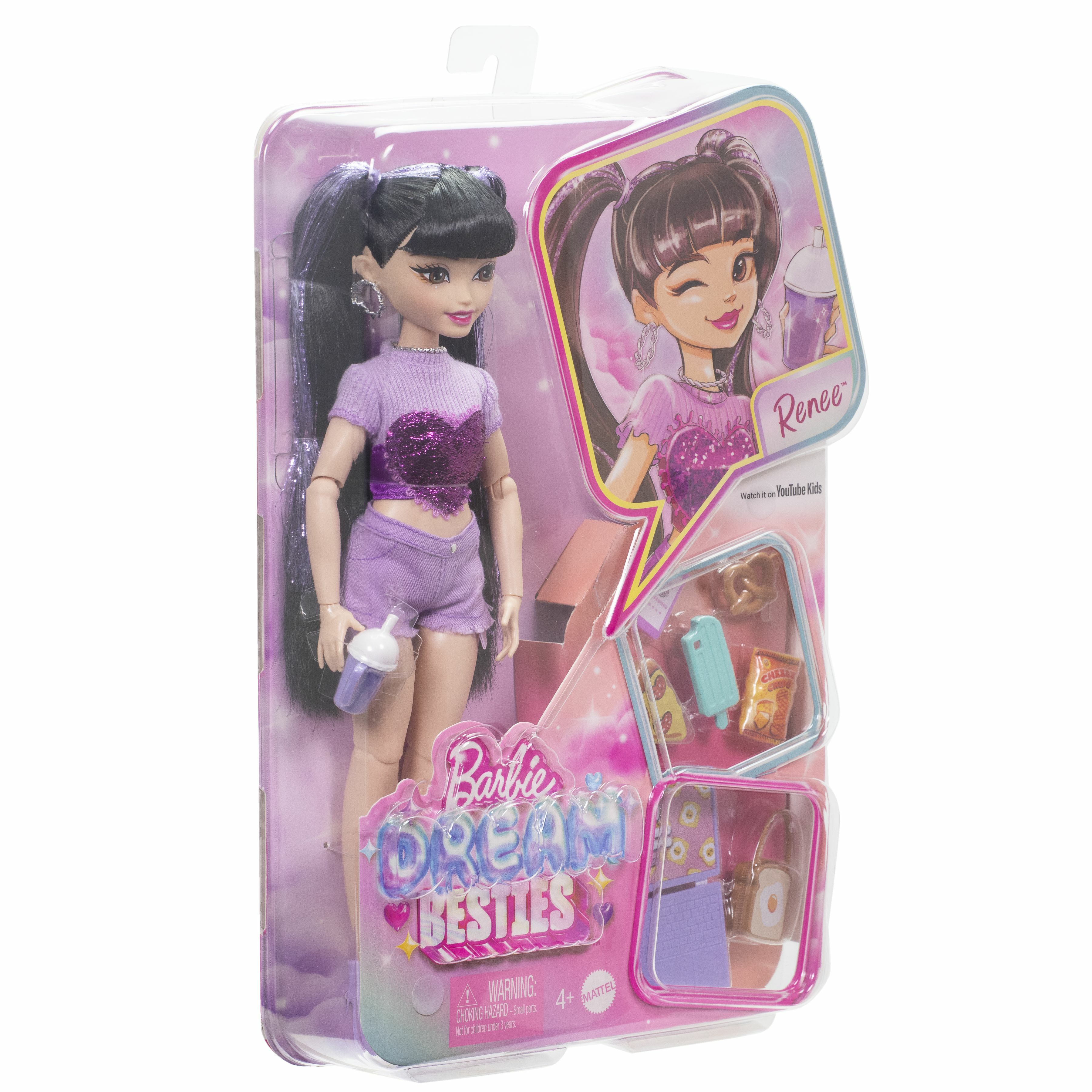 Barbie Dream Besties Puppe in Verpackung. Die Puppe trägt Lila. Weißer Hintergrund.